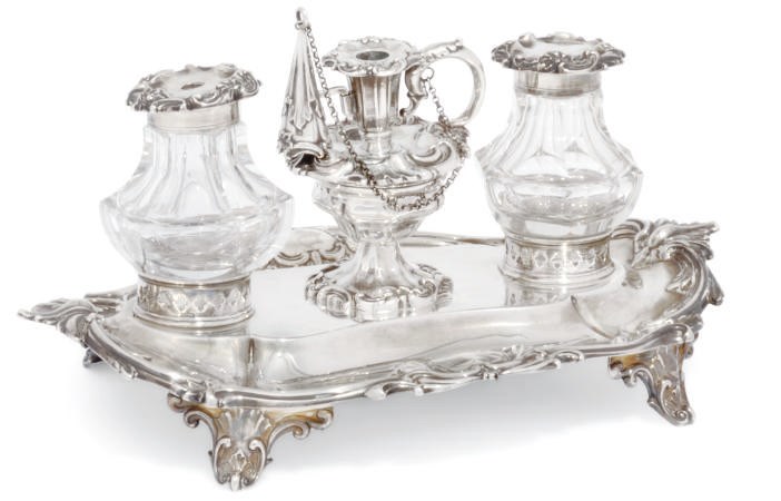 A VICTORIAN SILVER TWO-BOTTLE INKSTAND