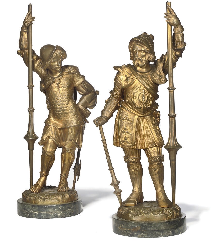 A PAIR OF CONTINENTAL GILT BRONZE SOLDIERS