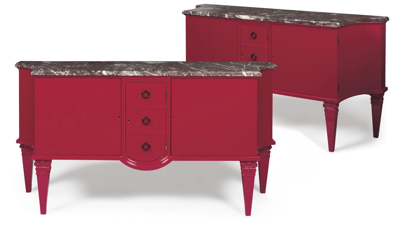 A PAIR OF LARGE RED AND MARBLE TOP CABINETS
