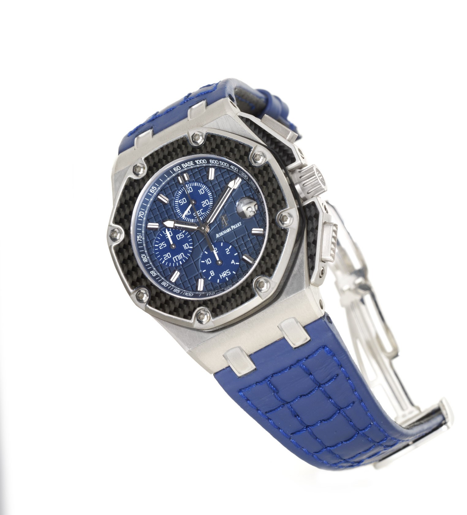 AUDEMARS PIGUET, PLATINUM "ROYAL OAK OFFSHORE JUAN PABLO MONTOYA"
FINE, RARE AND OVERSIZED, LIMITED EDITION 950 PLATINUM SELF-WINDING CHRONOGRAPH WRISTWATCH WITH DATE DISPLAY AND CARBON FIBRE INSERTS