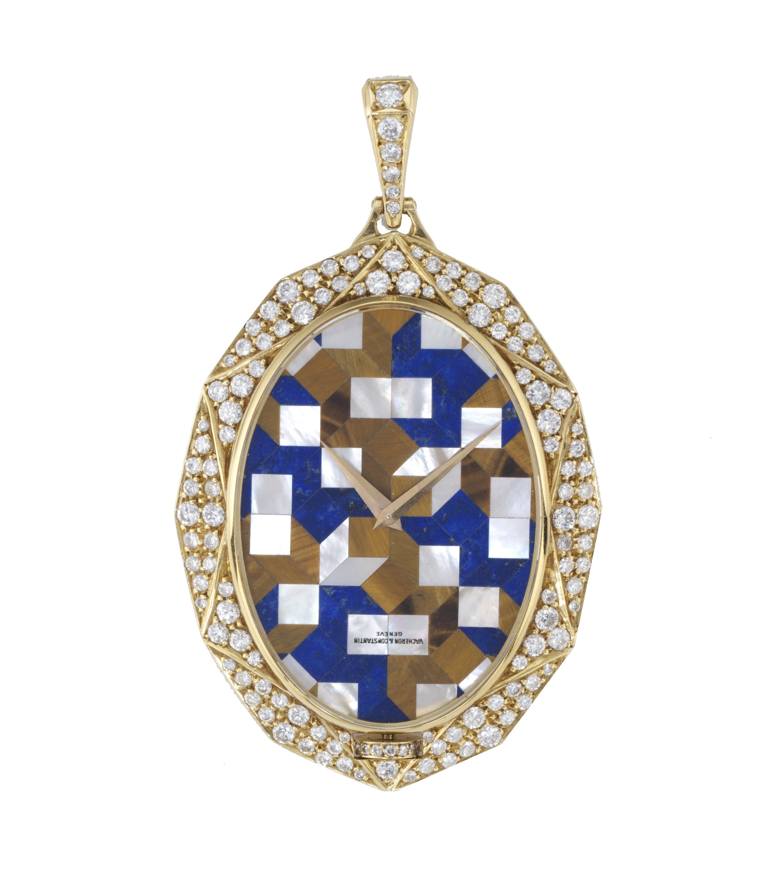 VACHERON CONSTANTIN.
18K GOLD AND DIAMOND-SET MANUAL-WINDING PENDANT WATCH WITH LAPIS, MOTHER-OF-PEARL AND TIGER'S EYE DIAL