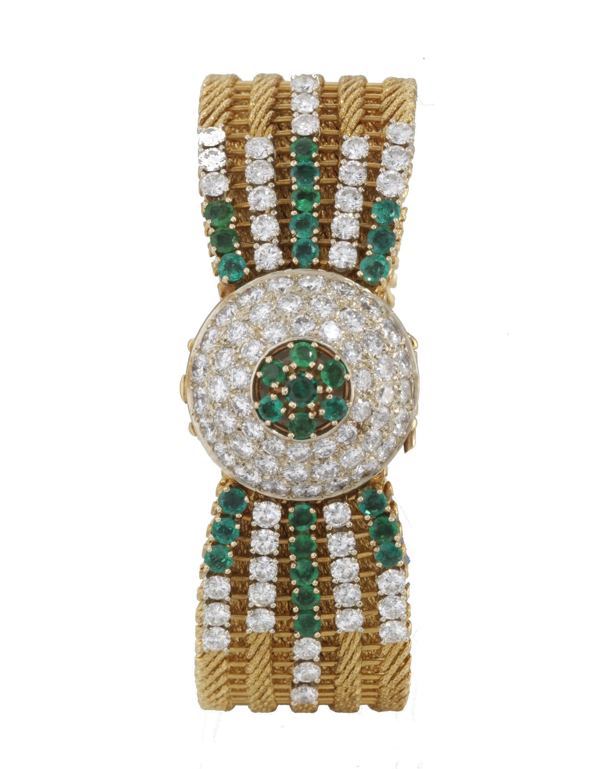 PATEK PHILIPPE, REF. 3266/96
FINE, RARE AND UNUSUAL, LADY'S 18K GOLD, EMERALD AND DIAMOND-SET MANUAL-WINDING BRACELET WATCH WITH CONCEALED DIAL