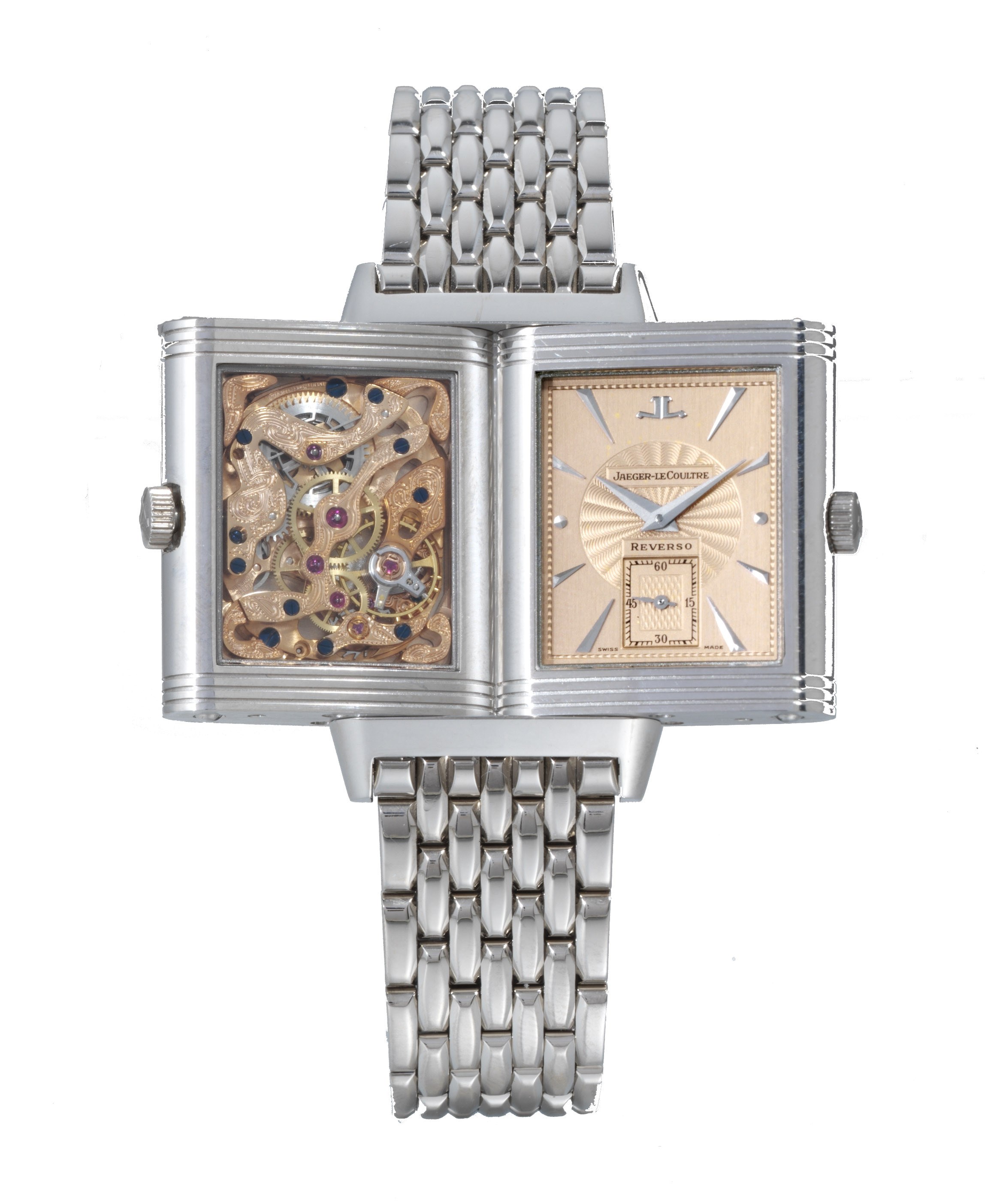 JAEGER-LECOULTRE, "REVERSO ART DECO"
18K WHITE GOLD MANUAL-WINDING RECTANGULAR BRACELET WATCH WITH SMALL SECONDS