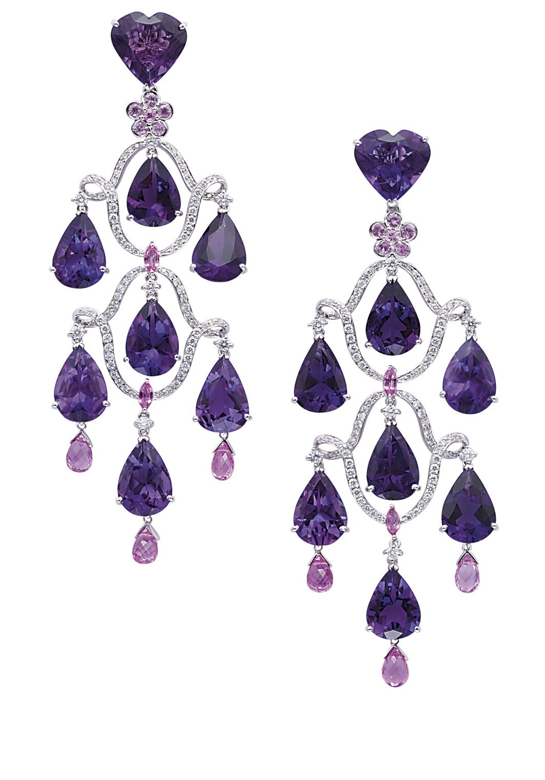 AN ATTRACTIVE PAIR OF AMETHYST AND DIAMOND EAR PENDANTS, BY MICHAEL YOUSSOUFIAN