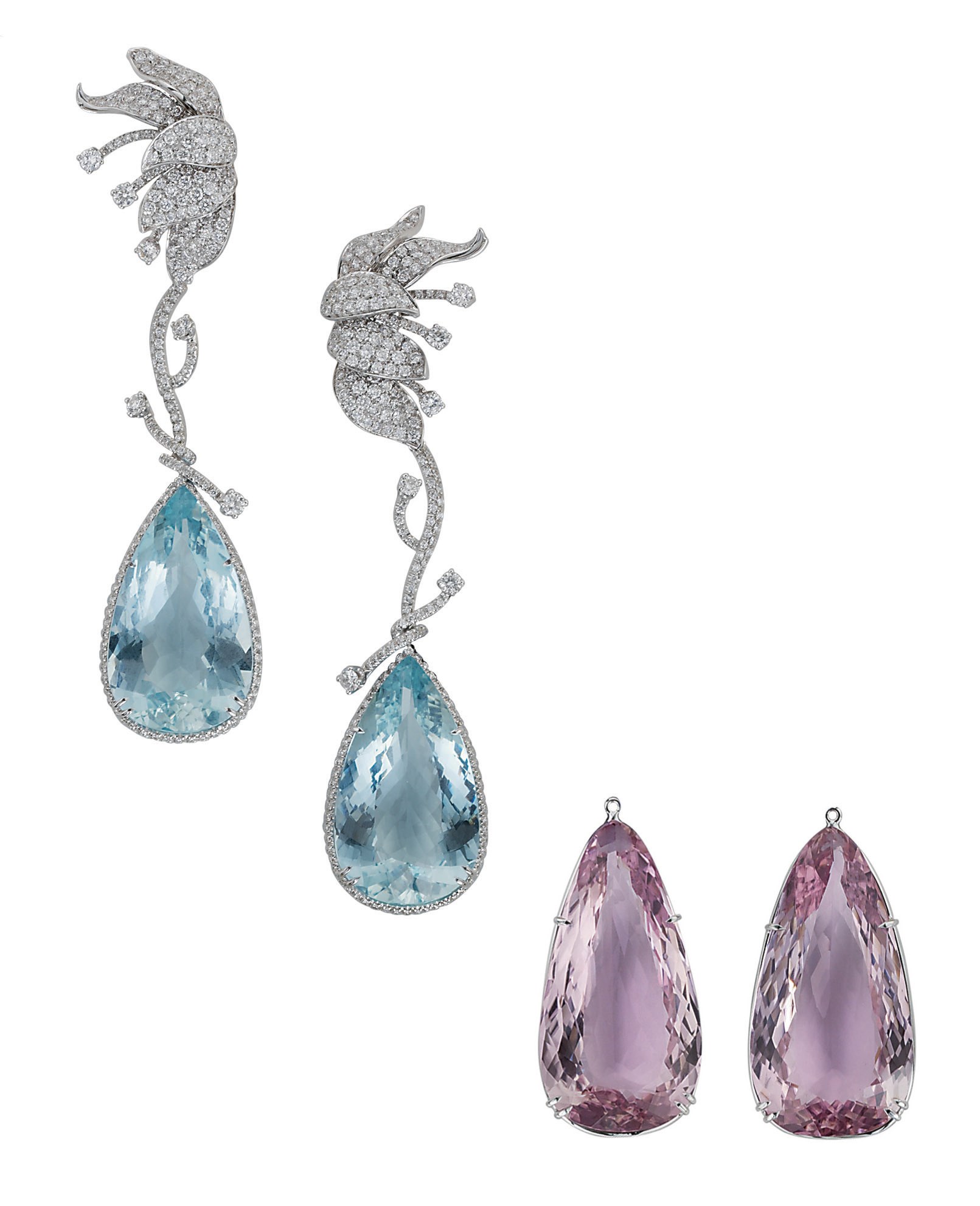 A STYLISH PAIR OF AQUAMARINE, KUNZITE AND DIAMOND EAR PENDANTS, BY MARGHERITA BURGENER