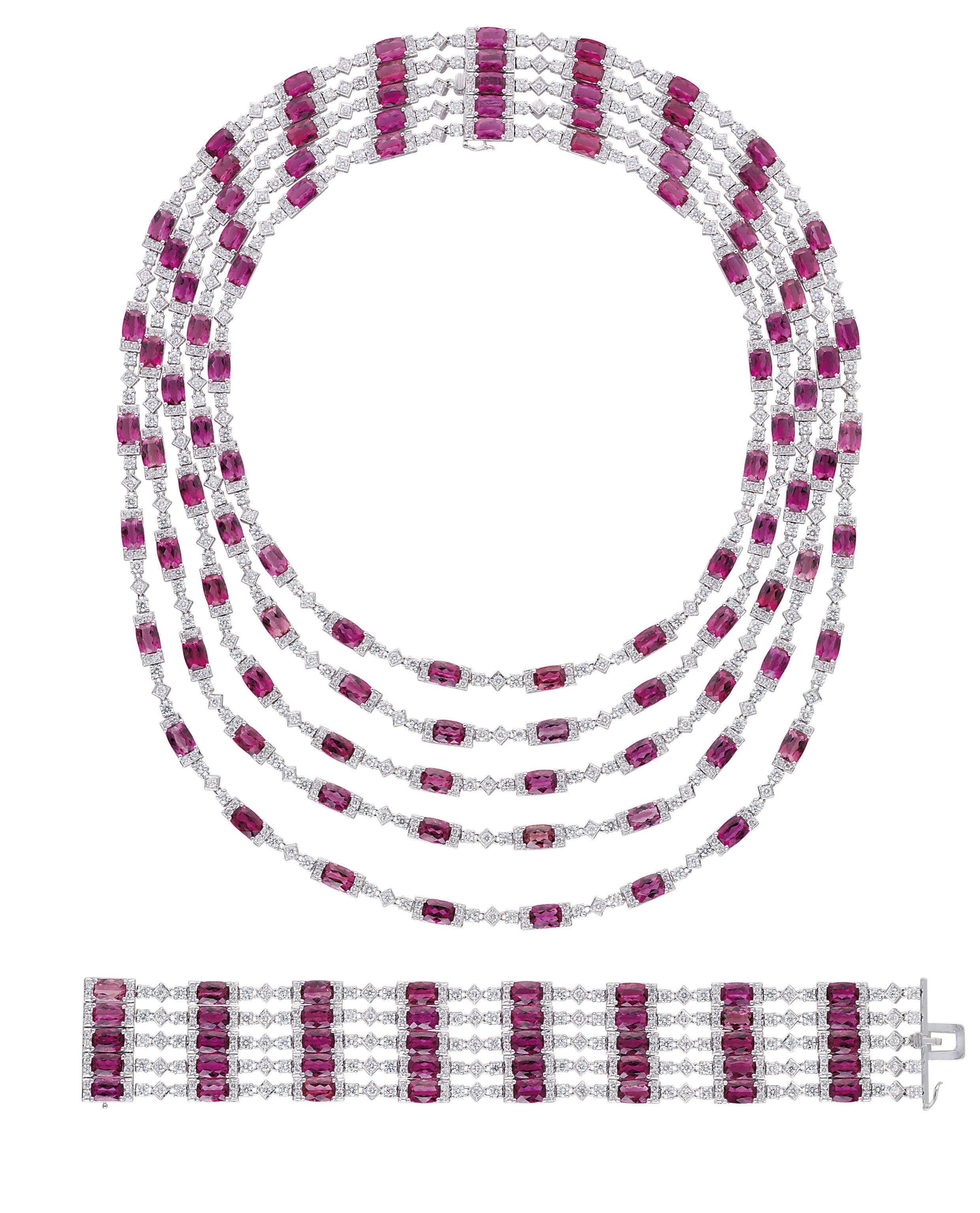 A PINK TOURMALINE AND DIAMOND NECKLACE AND BRACELET, BY ASSIL