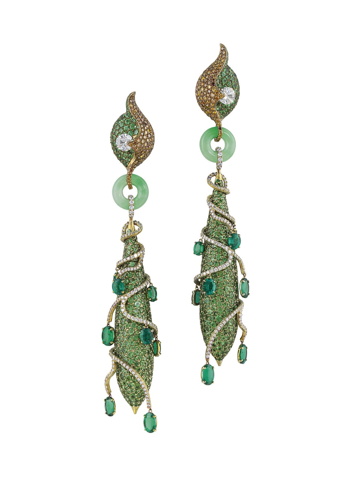 AXIS MUNDI
A SUPERB PAIR OF EMERALD, GREEN GARNET, JADEITE AND DIAMOND EAR PENDANTS, BY WALLACE CHAN