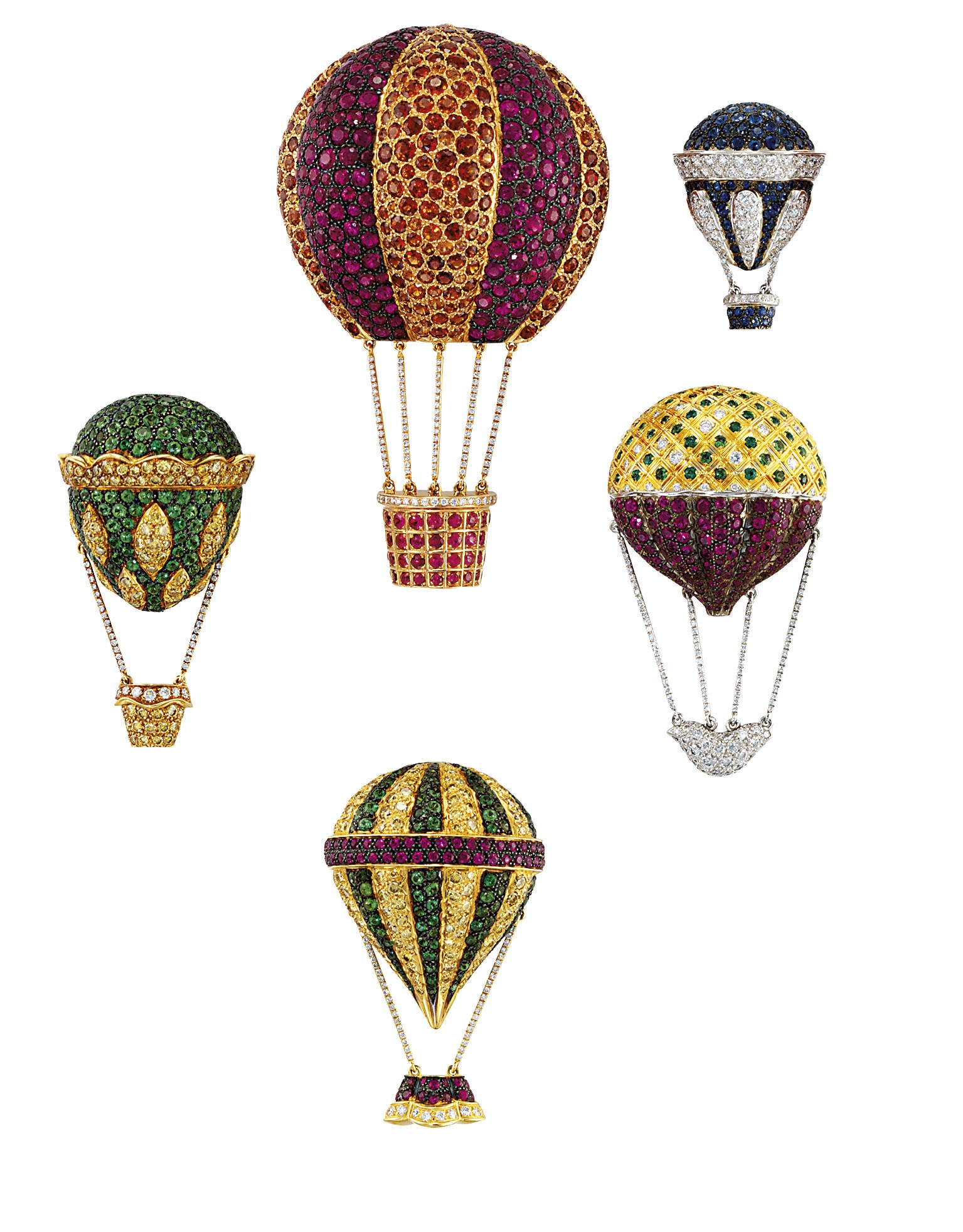 A CHARMING COLLECTION OF FIVE HOT AIR BALLOON BROOCHES