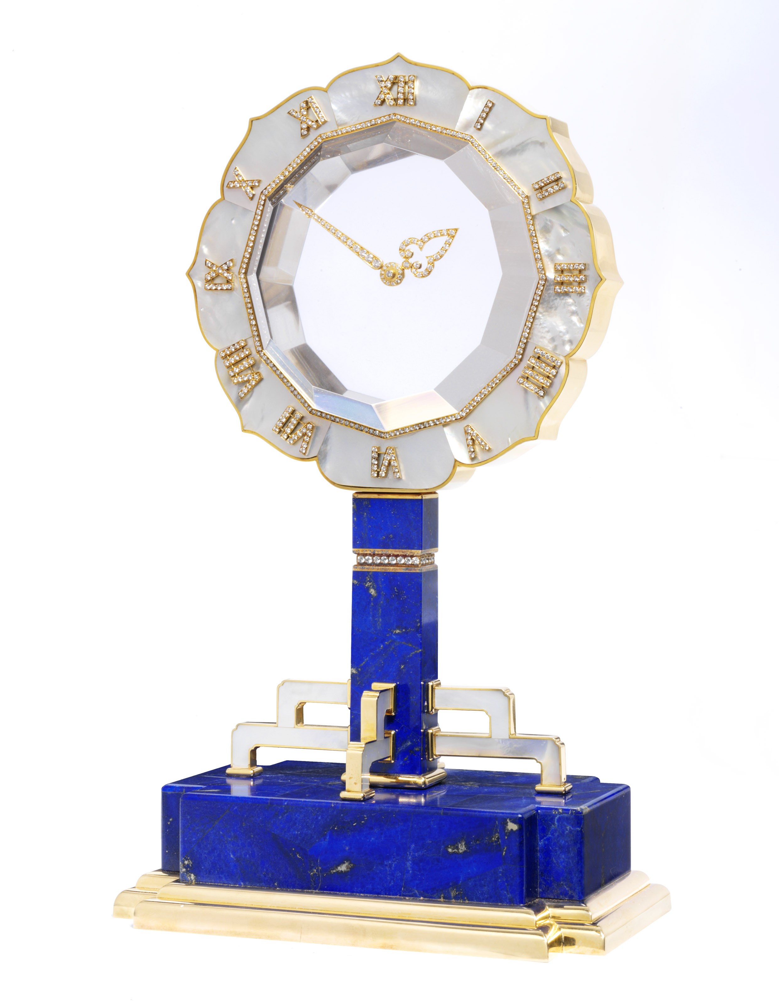 A LAPIS LAZULI, ROCK CRYSTAL AND MOTHER-OF-PEARL MYSTERY CLOCK, BY CARTIER