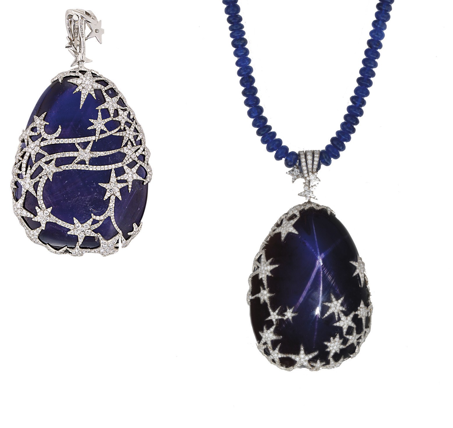 A HIGHLY UNUSUAL STAR SAPPHIRE AND DIAMOND PENDENT NECKLACE