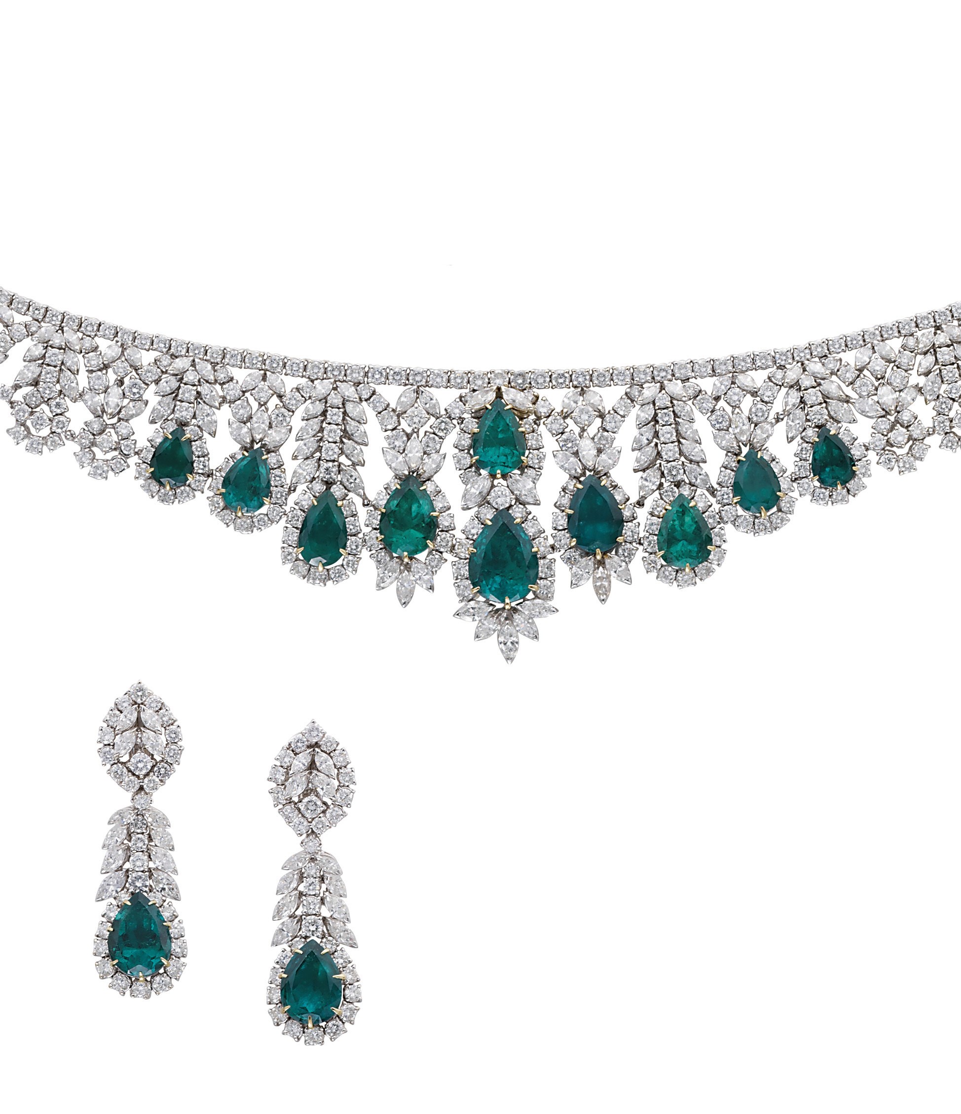 A SUPERB EMERALD AND DIAMOND NECKLACE AND EAR PENDANTS, BY HOUSE OF TAYLOR JEWELRY, THE ELIZABETH COLLECTION