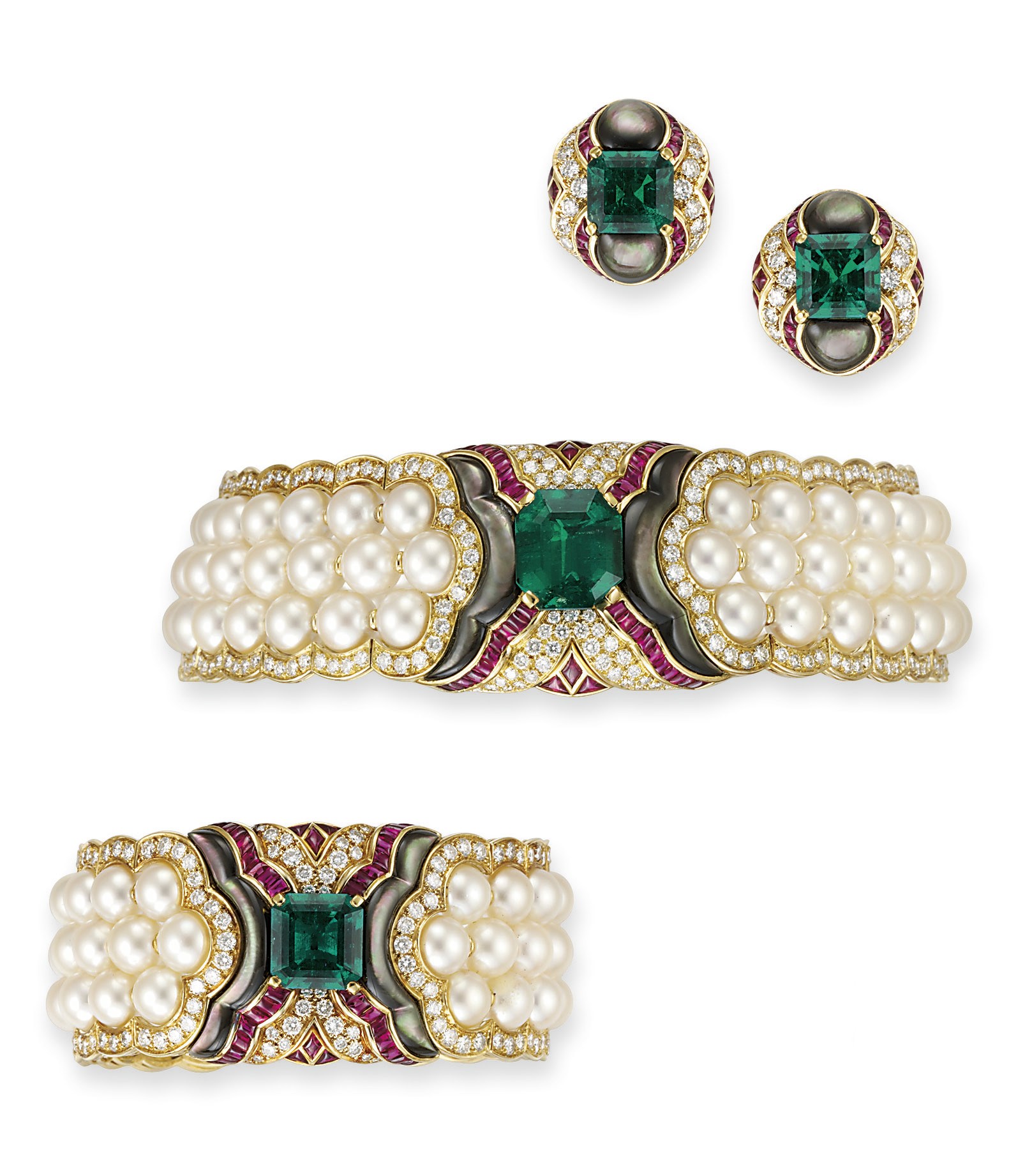 AN EMERALD, DIAMOND, RUBY AND CULTURED PEARL SUITE, BY MAUBOUSSIN