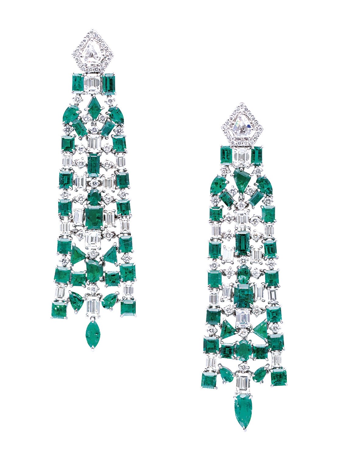 A STYLISH PAIR OF EMERALD AND DIAMOND EAR PENDANTS, BY MICHAEL YOUSSOUFIAN