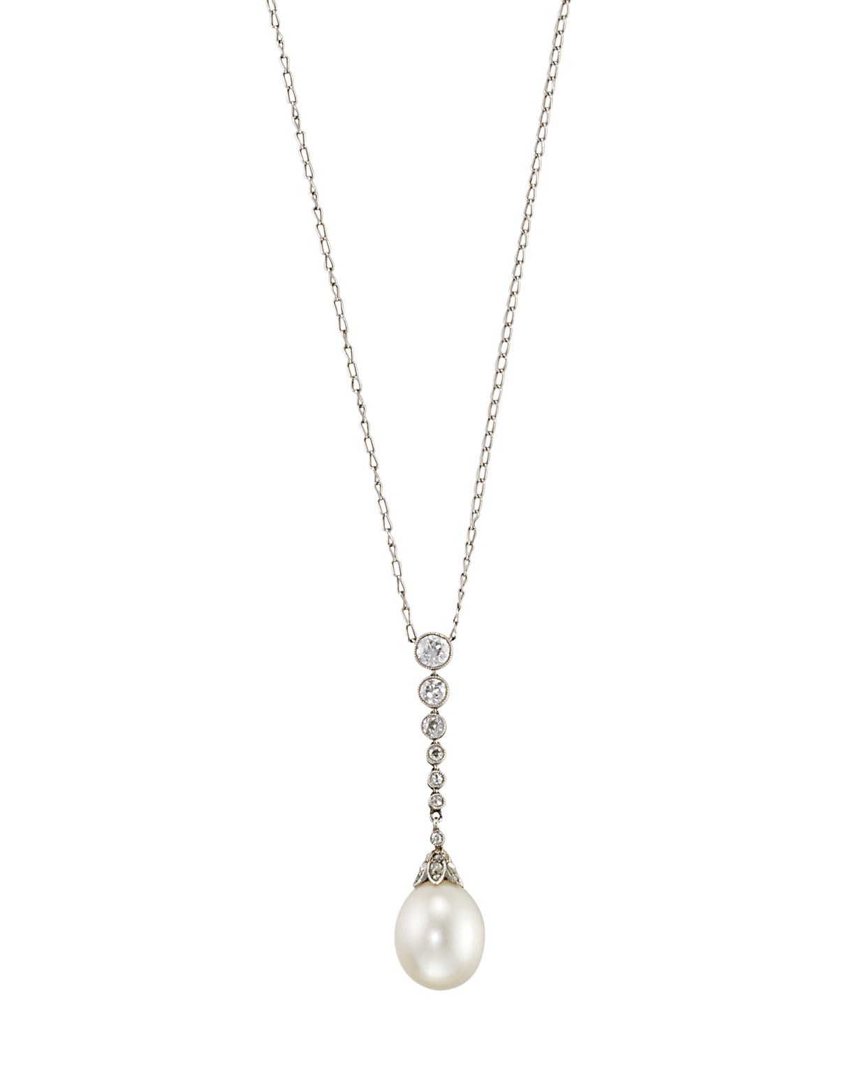A NATURAL PEARL AND DIAMOND PENDENT NECKLACE