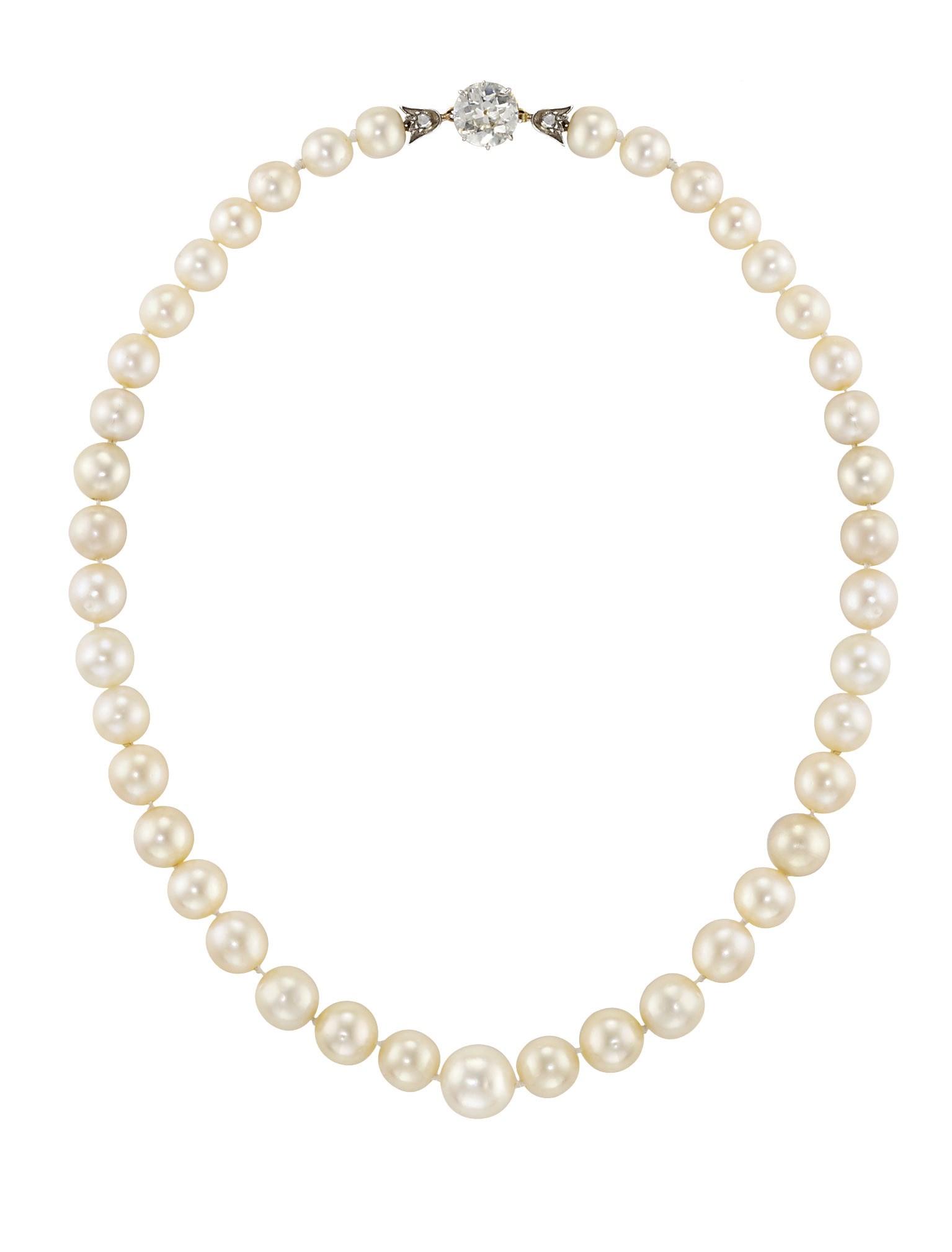 A NATURAL PEARL AND DIAMOND NECKLACE