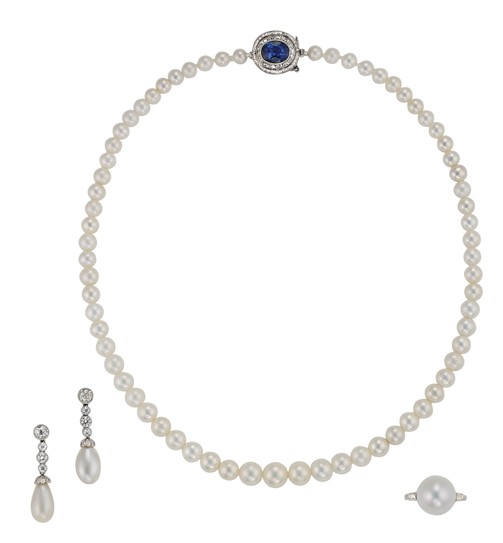 A PRETTY GROUP OF NATURAL PEARL AND DIAMOND JEWELLERY