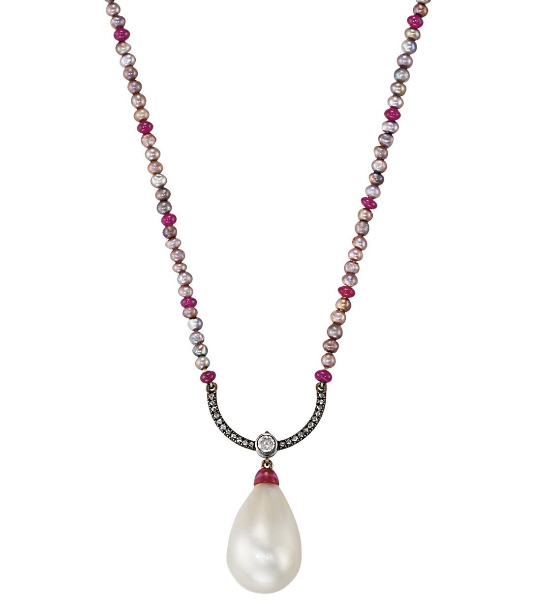 A NATURAL PEARL, DIAMOND AND RUBY PENDENT NECKLACE