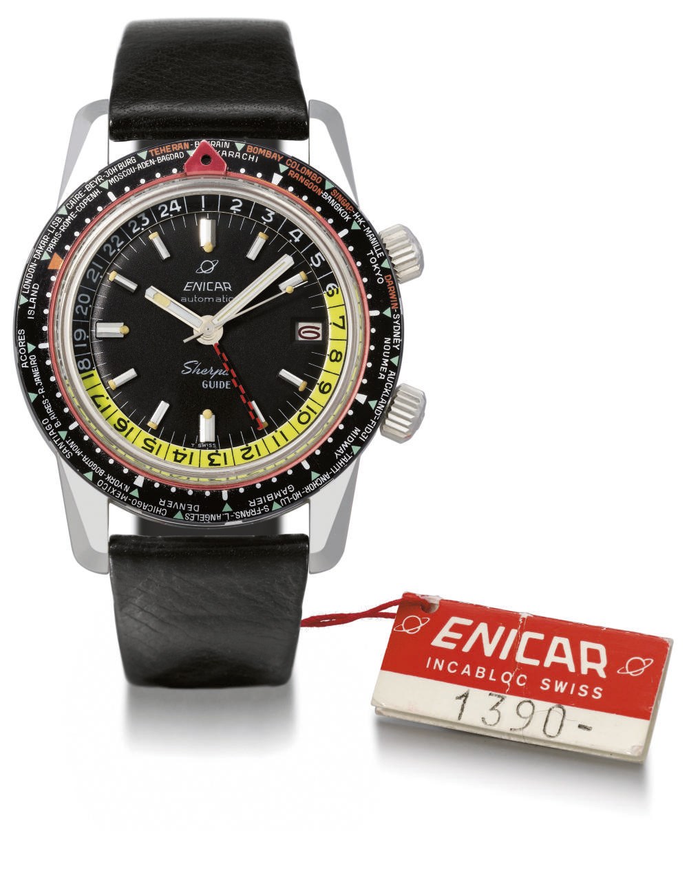 Enicar. A large and unusual stainless steel self-winding water-resistant world time wristwatch with sweep centre seconds and date