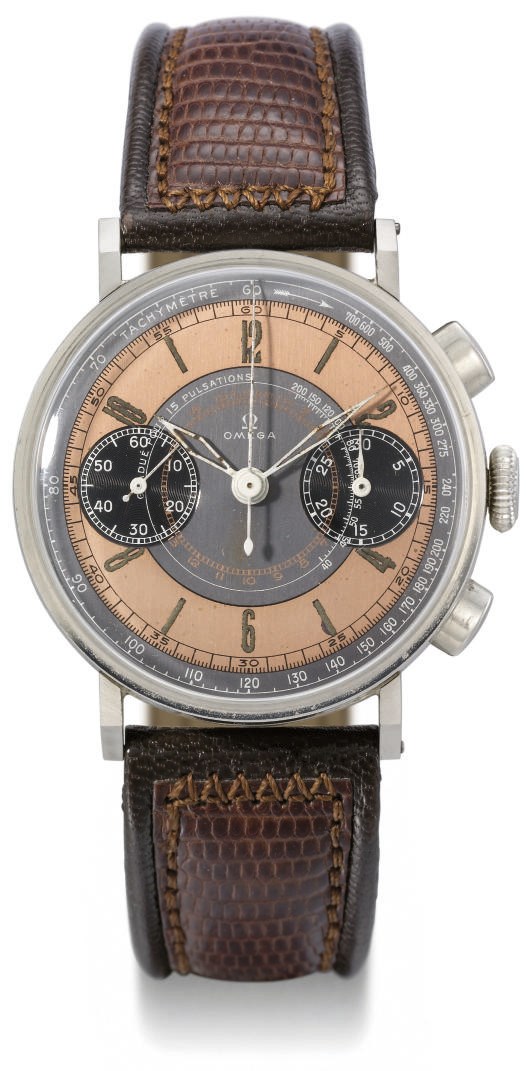 Omega. A fine and very attractive stainless steel chronograph wristwatch with grey and copper-coloured dial and pulsometre scale