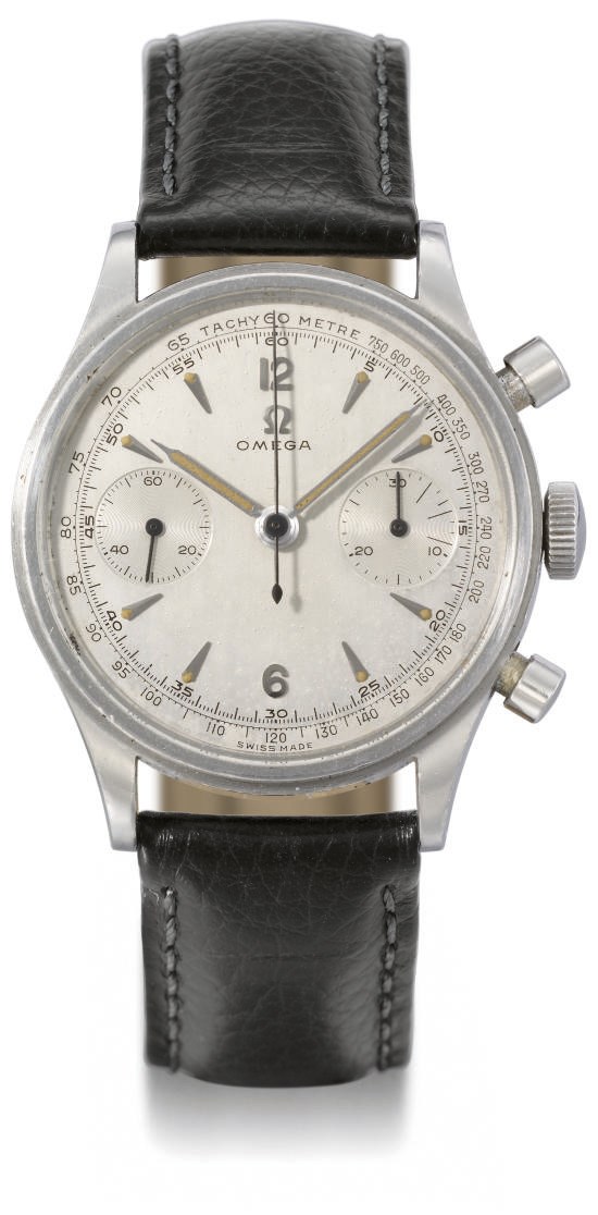 Omega. A large stainless steel water-resistant chronograph wristwatch