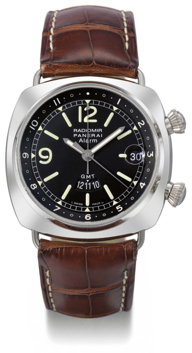 Panerai. A stainless steel limited series cushion-shaped water-resistant self-winding two time zone diver's wristwatch with date and alarm