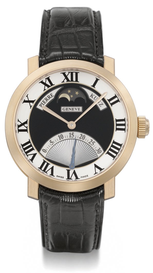 Pierre Kunz. A fine and large 18K pink gold self-winding wristwatch with retrograde seconds and phases of the moon