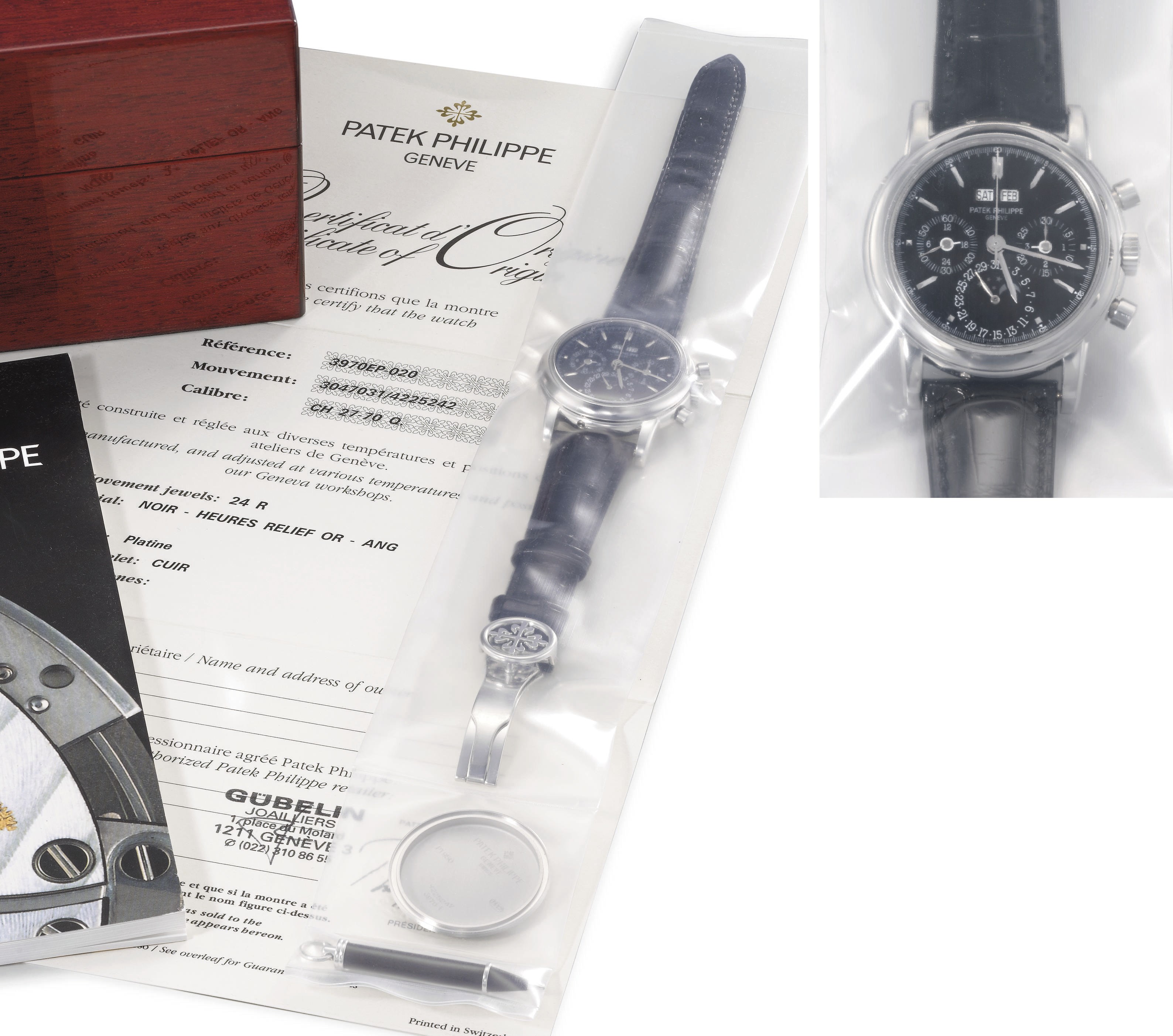 Patek Philippe. A very fine and rare platinum water-resistant perpetual calendar chronograph wristwatch with phases of the moon, black dial, original certificate and box
