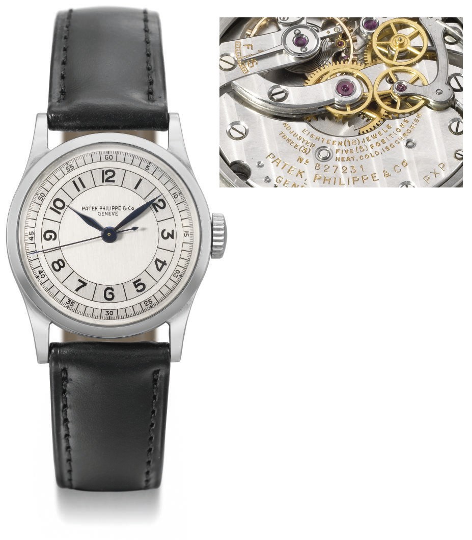 Patek Philippe. A very attractive and possibly unique stainless steel wristwatch with indirect sweep centre seconds and three-tone silvered "roulette" dial