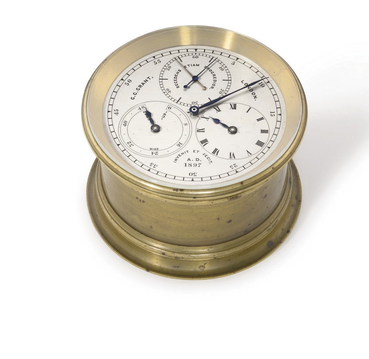 G.G. Grant. A rare and unusual gilt brass two-day marine timepiece with regulator dial, power reserve, split seconds chronograph and special time setting mechanism