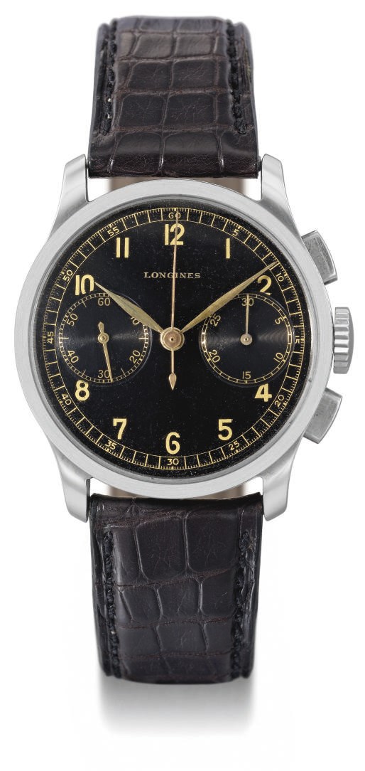 Longines. An attractive stainless steel chronograph wristwatch with black dial