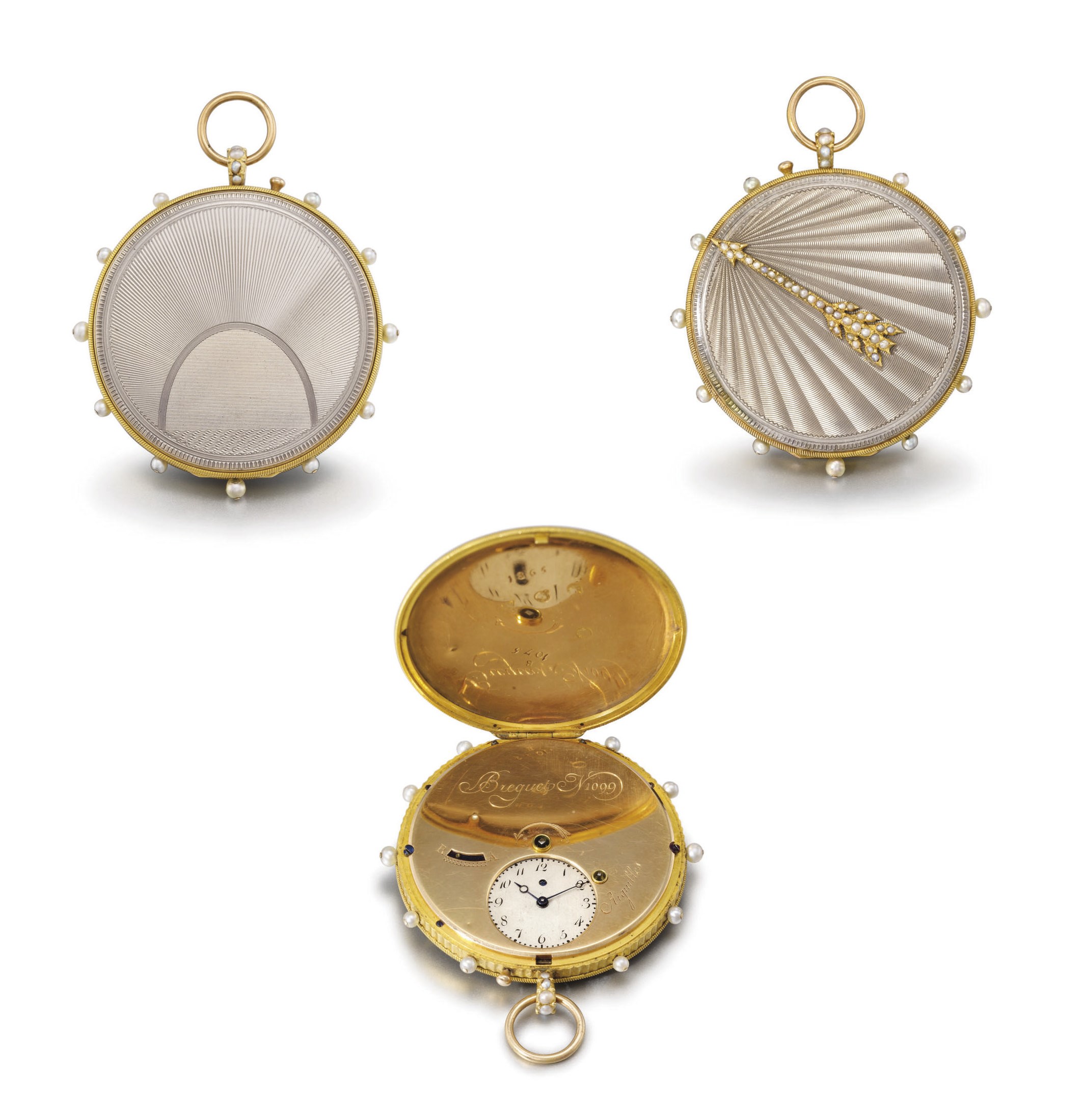 Breguet. A fine and rare 18K gold, enamel and diamond and pearl-set hunter case à tact ruby cylinder watch