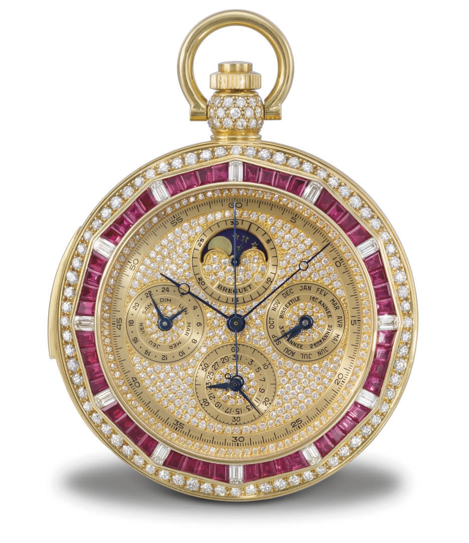 Breguet. An impressive and extremely rare 18K gold, diamond and ruby-set openface minute repeating perpetual calendar keyless lever chronograph watch with instantaneous 30 minutes recorder and phases of the moon