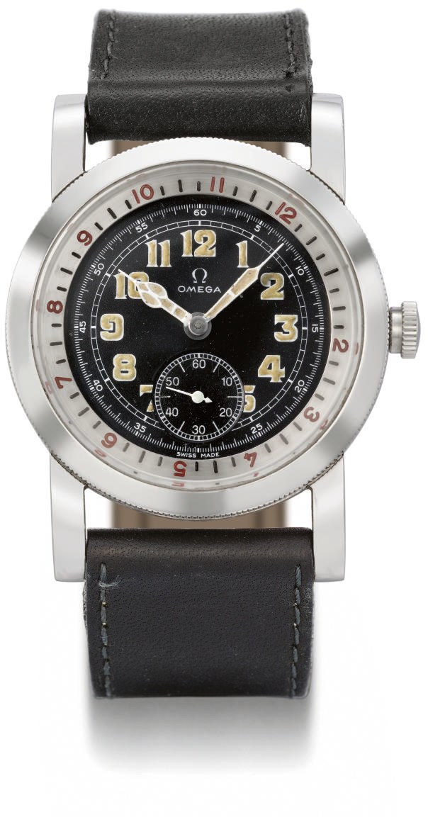 Omega. A fine stainless steel pilot's wristwatch with black dial and later case