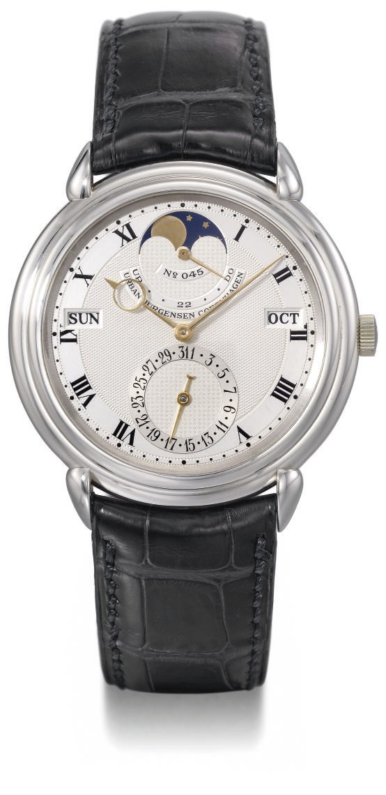Urban Jürgensen. A fine and rare platinum self-winding perpetual calendar wristwatch with phases of the moon and power reserve
