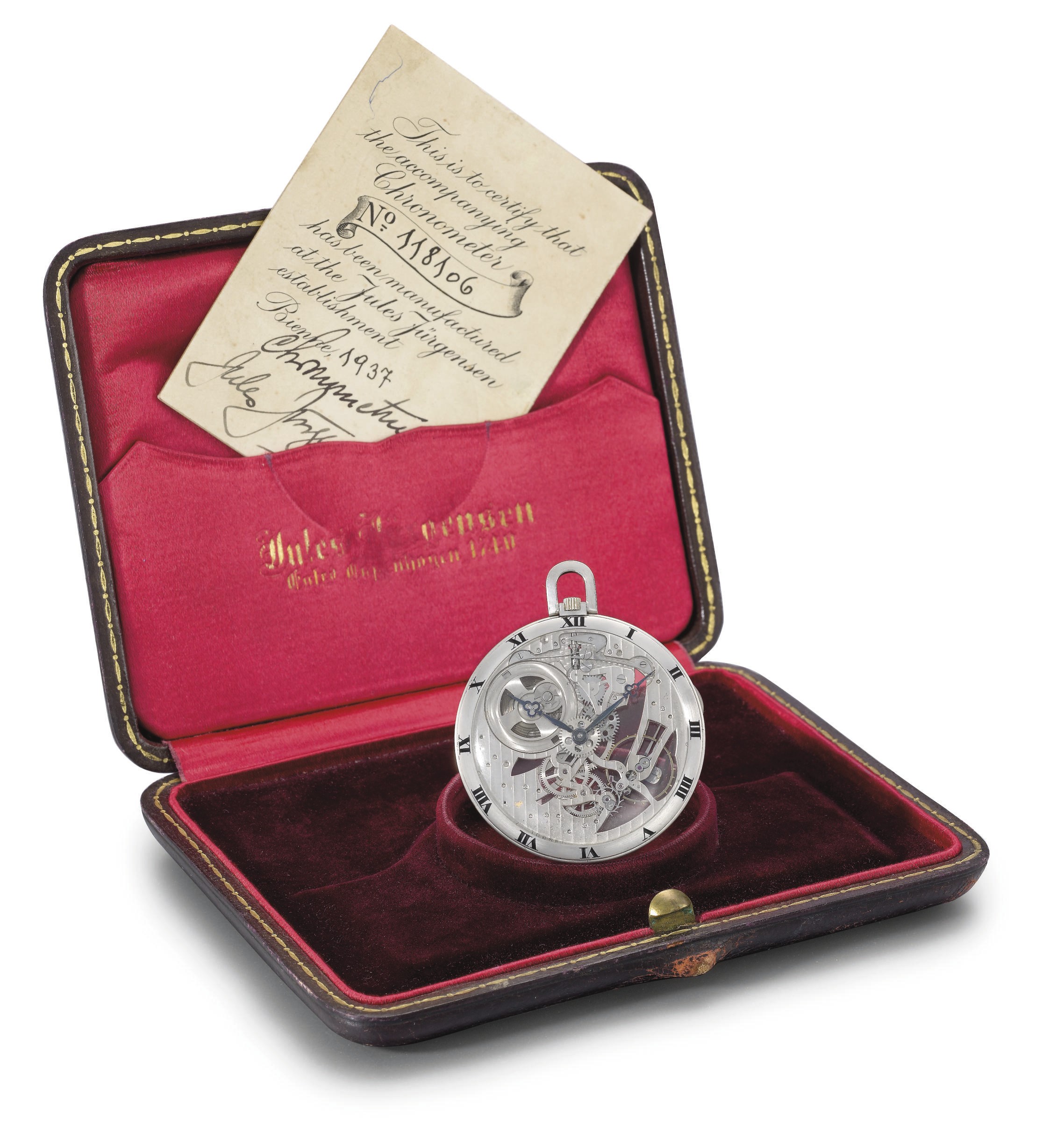 Jules Jürgensen. A fine 18K white gold skeletonized openface keyless lever dress watch with original certificate and box