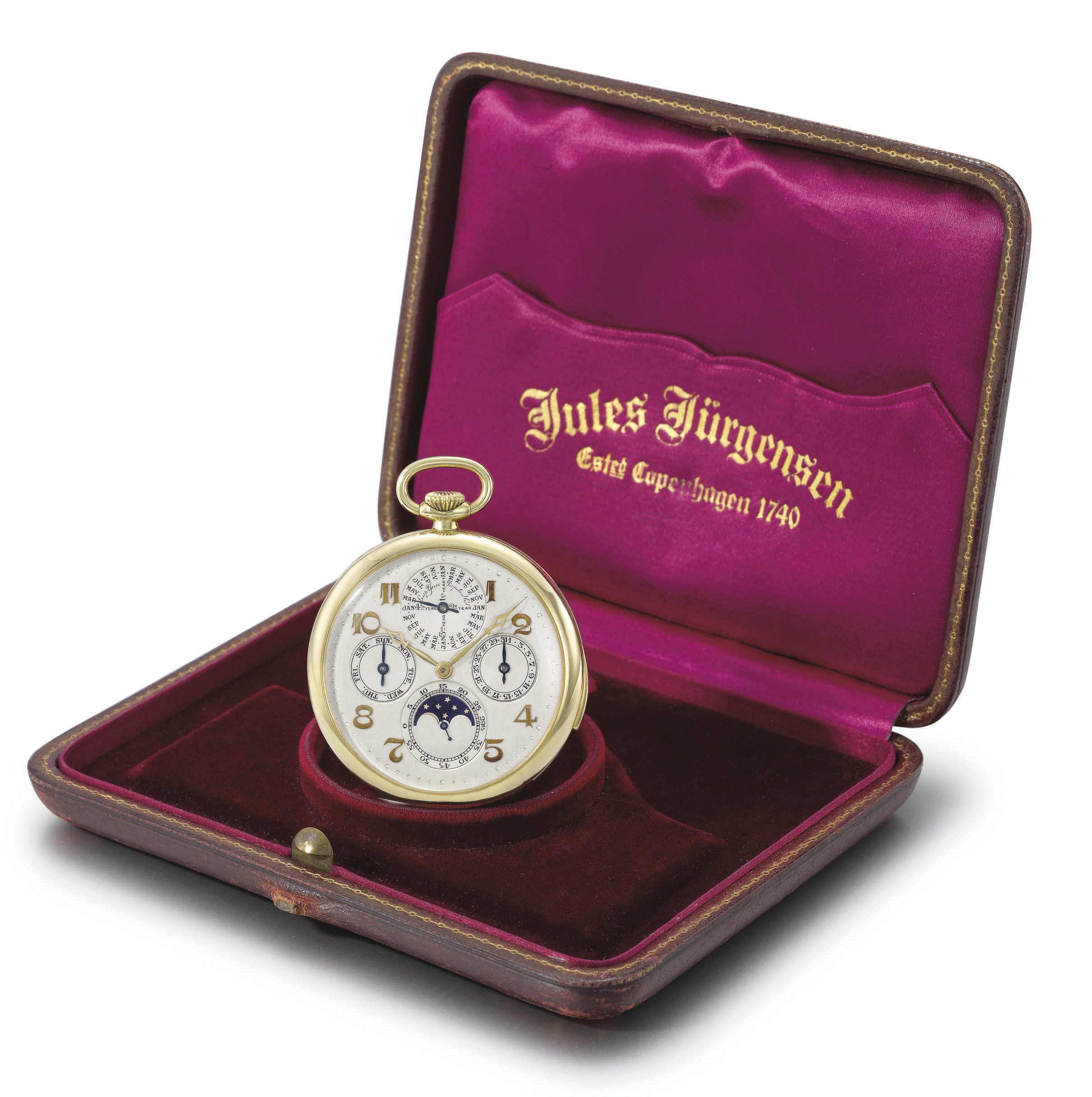 Jules Jürgensen. A fine and rare 18K gold openface minute repeating perpetual calendar keyless lever dress watch with phases of the moon and original box