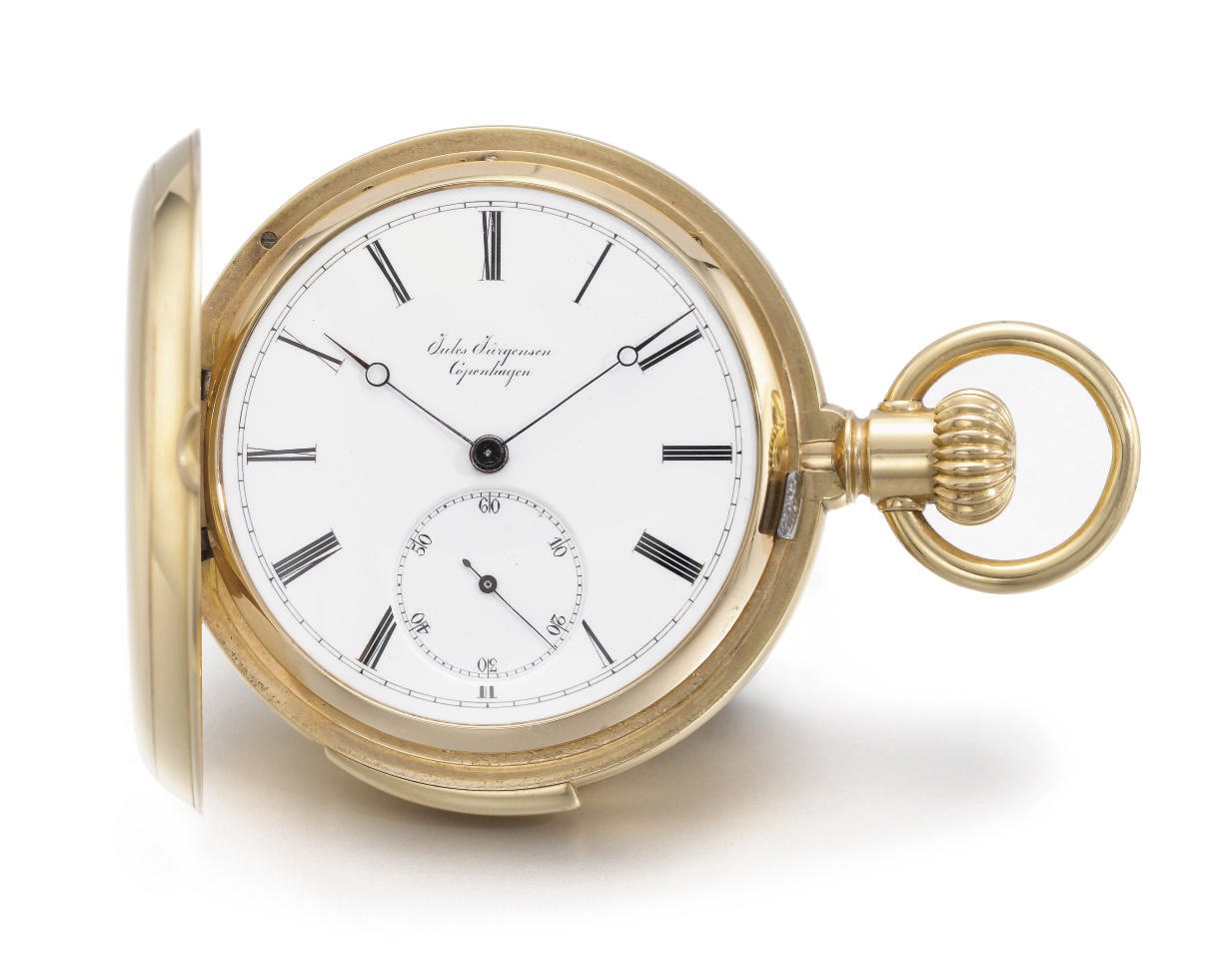 Jules Jürgensen. An 18K gold hunter case minute repeating keyless lever watch with patented bow setting