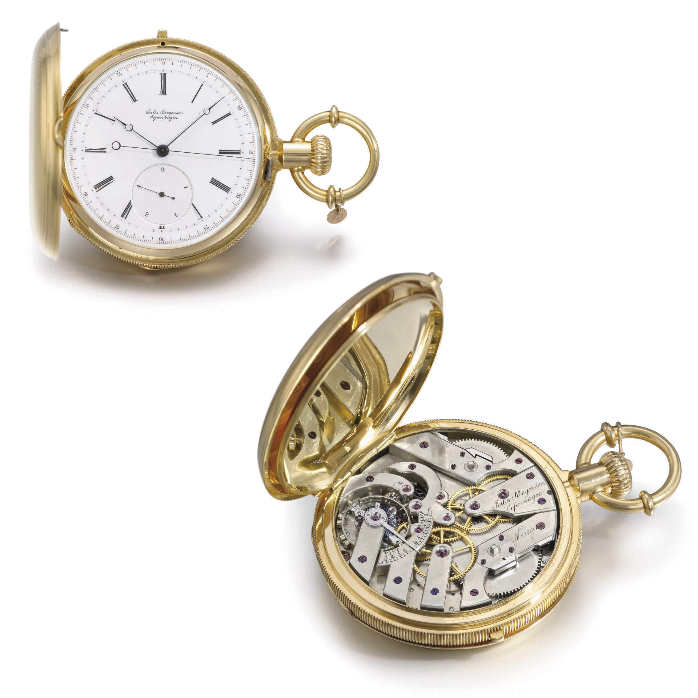 Jules Jürgensen. An 18K gold hunter case two-train chronograph keyless lever watch with flying 1/5ths of a second