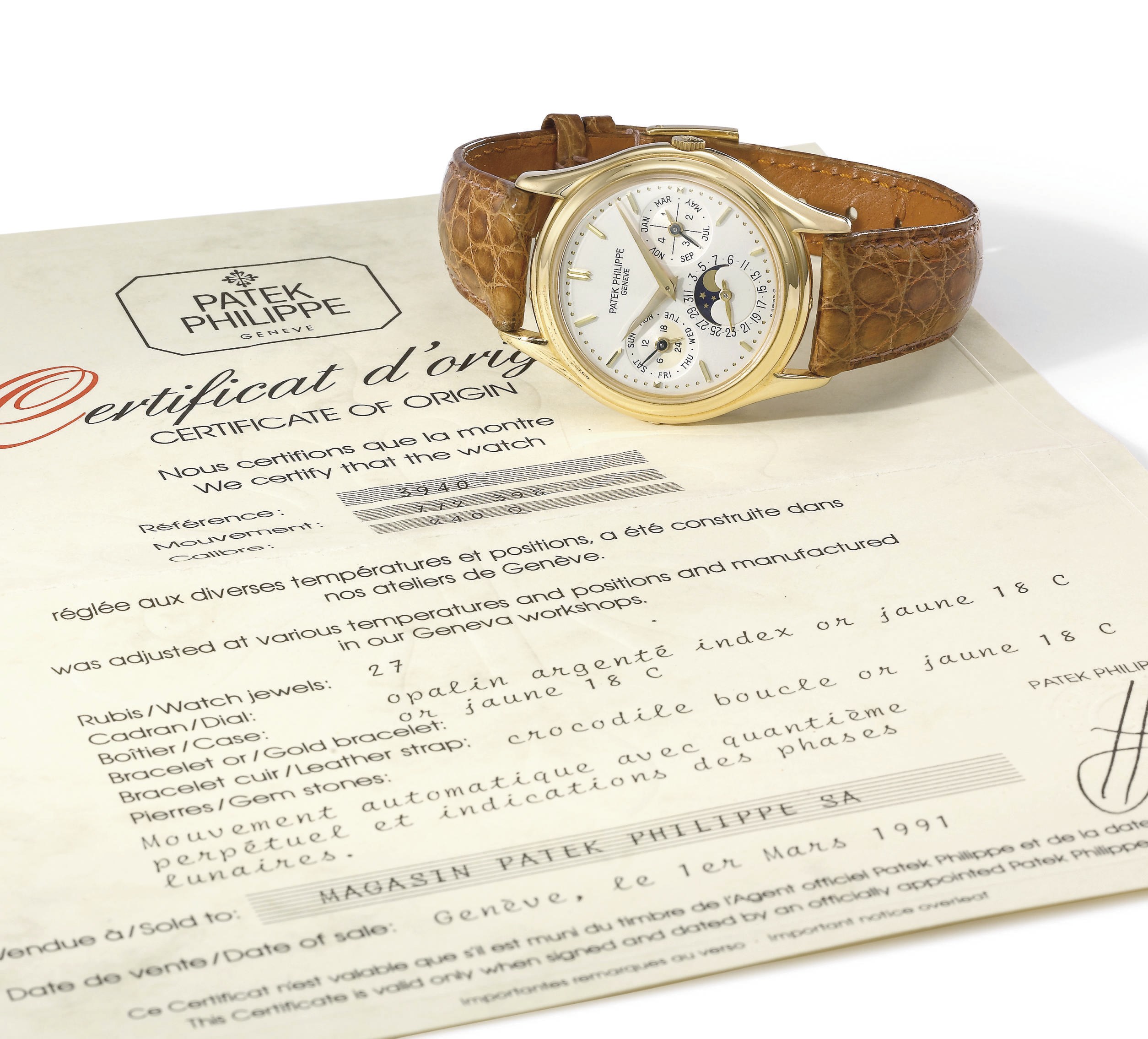 Patek Philippe. A fine 18K gold self-winding perpetual calendar wristwatch with phases of the moon