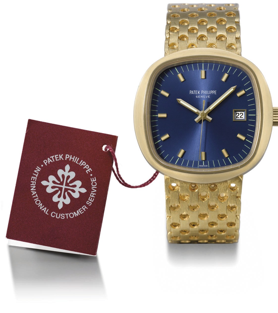 Patek Philippe. A rare and unusual oversized 18K gold cushion-shaped electronic wristwatch with sweep centre seconds, date and bracelet