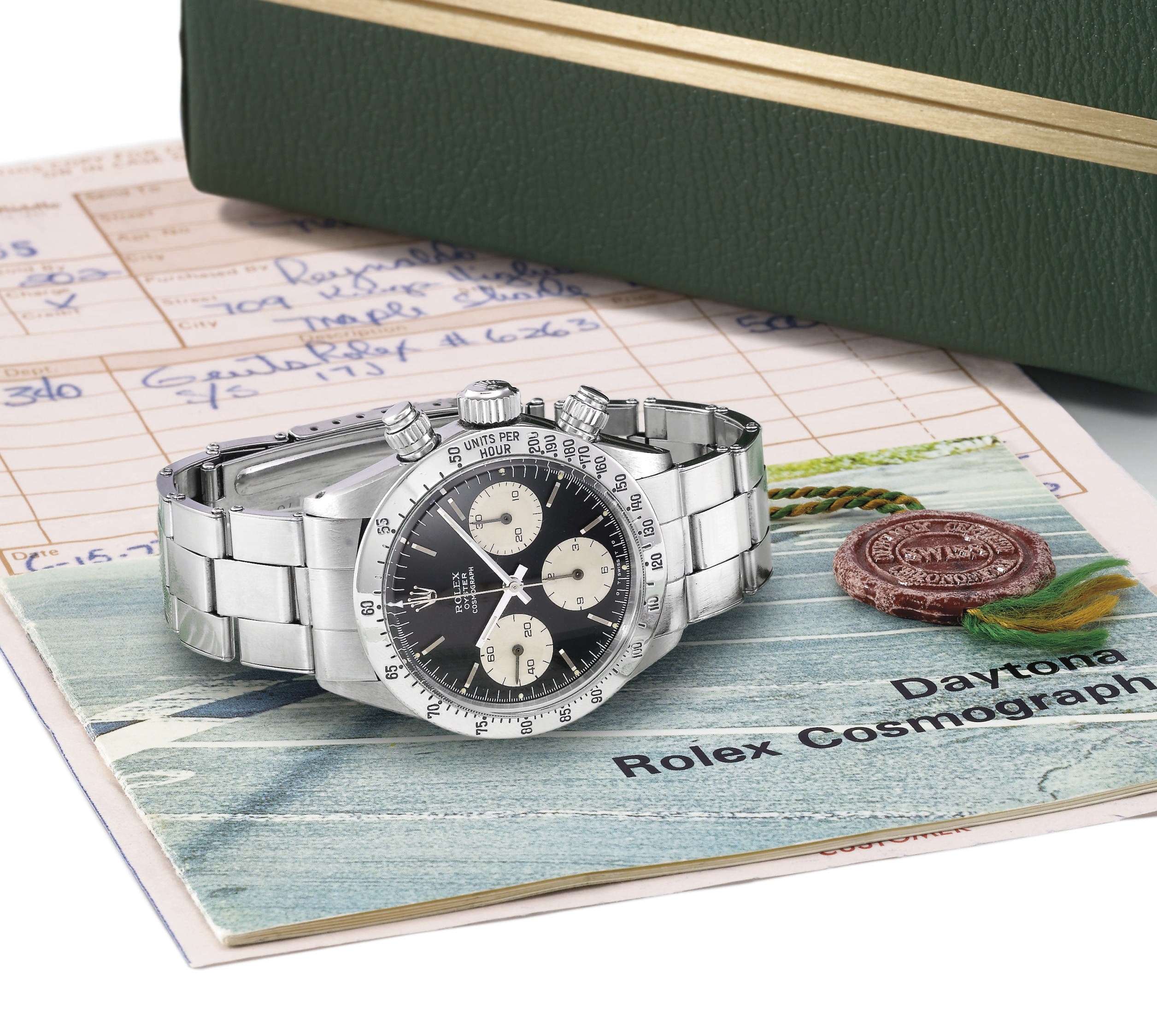 Rolex. A stainless steel water-resistant chronograph wristwatch with bracelet, international guarantee, original invoices, seal and box