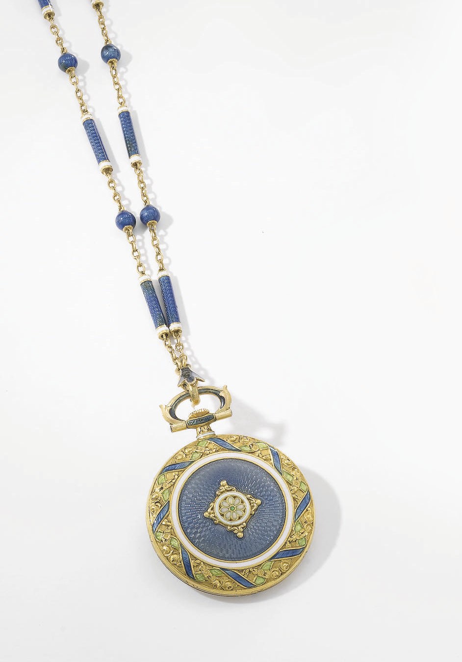 Swiss. An 18K gold and enamel openface keyless lever pendant watch with matching chain