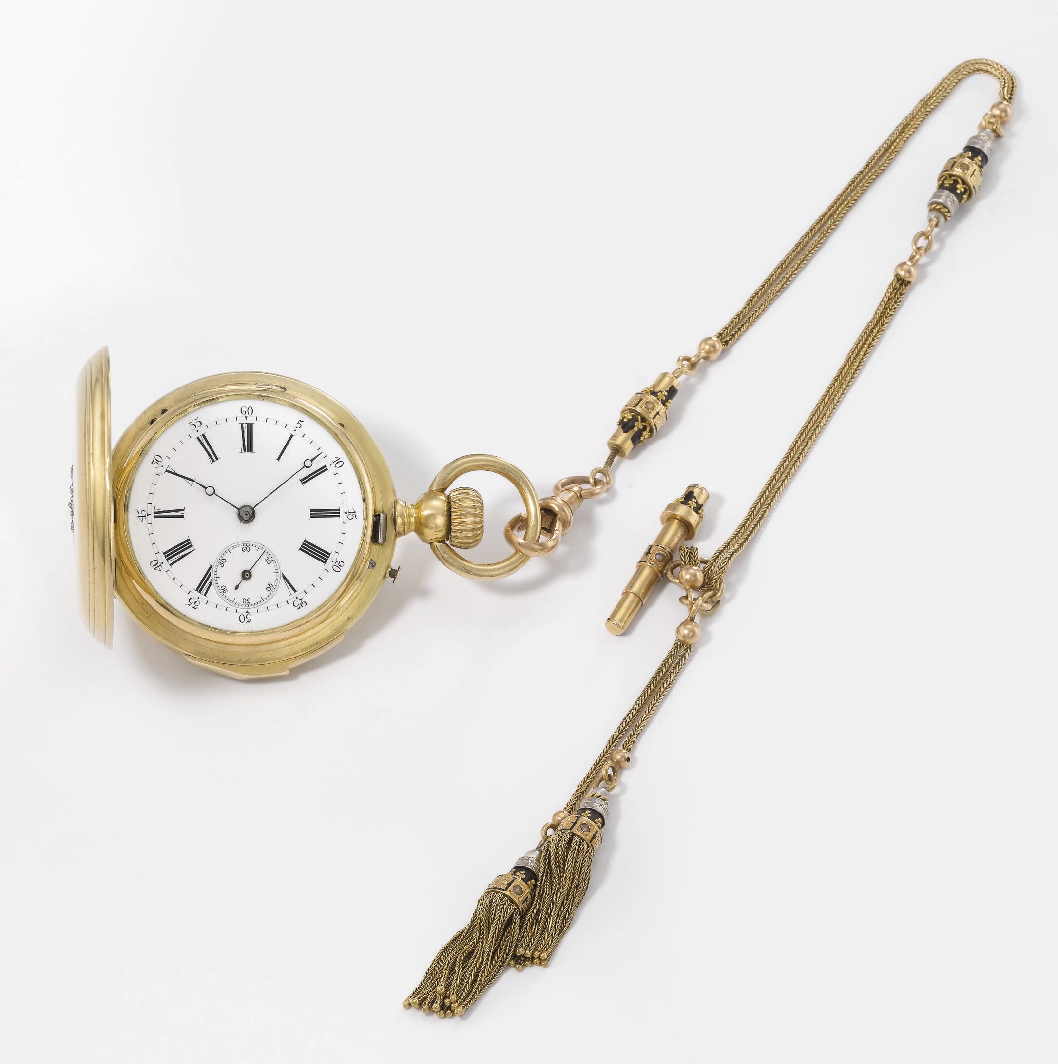 Swiss. A small 18K gold, enamel and diamond-set hunter case quarter repeating keyless lever watch with chain