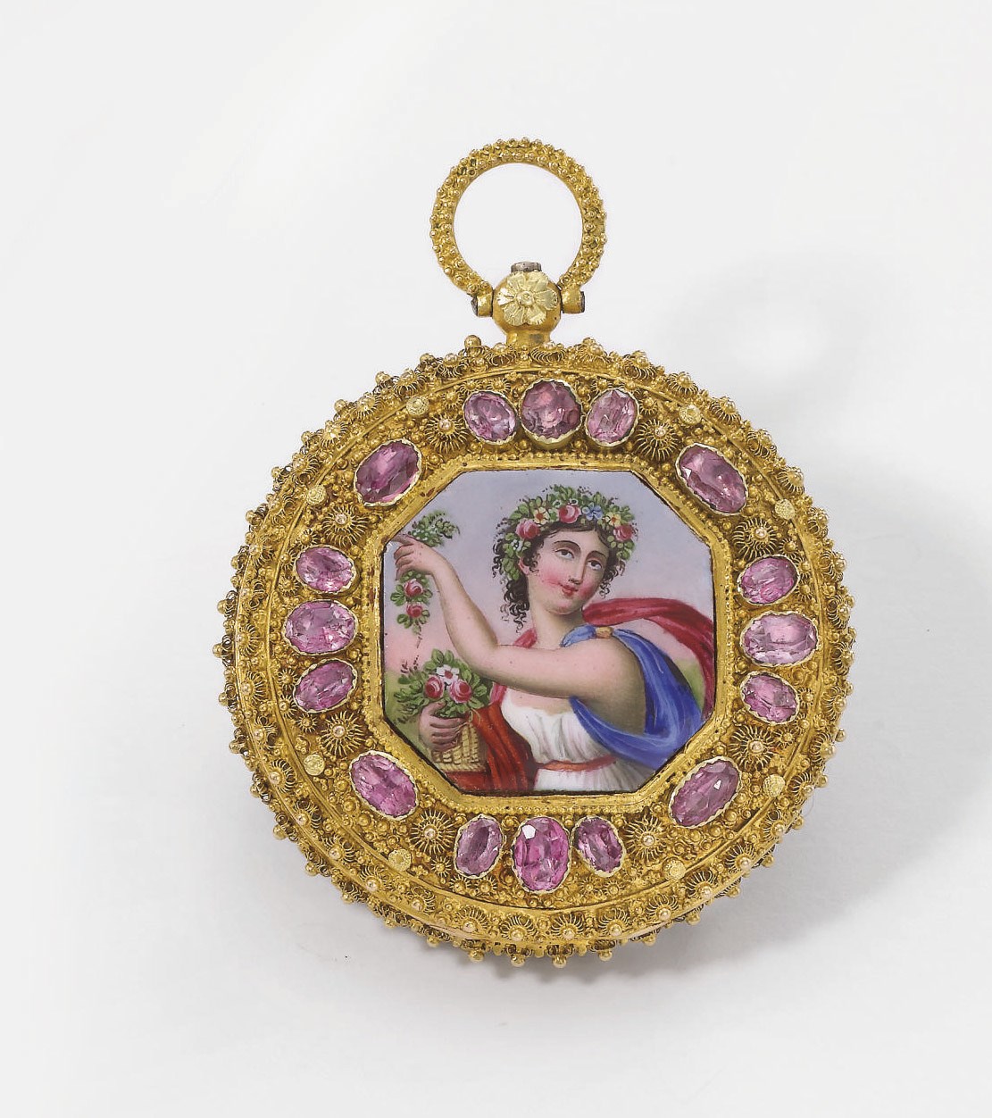 Anon. An unusual 18K gold, enamel and amethyst-set keywound jump hour watch