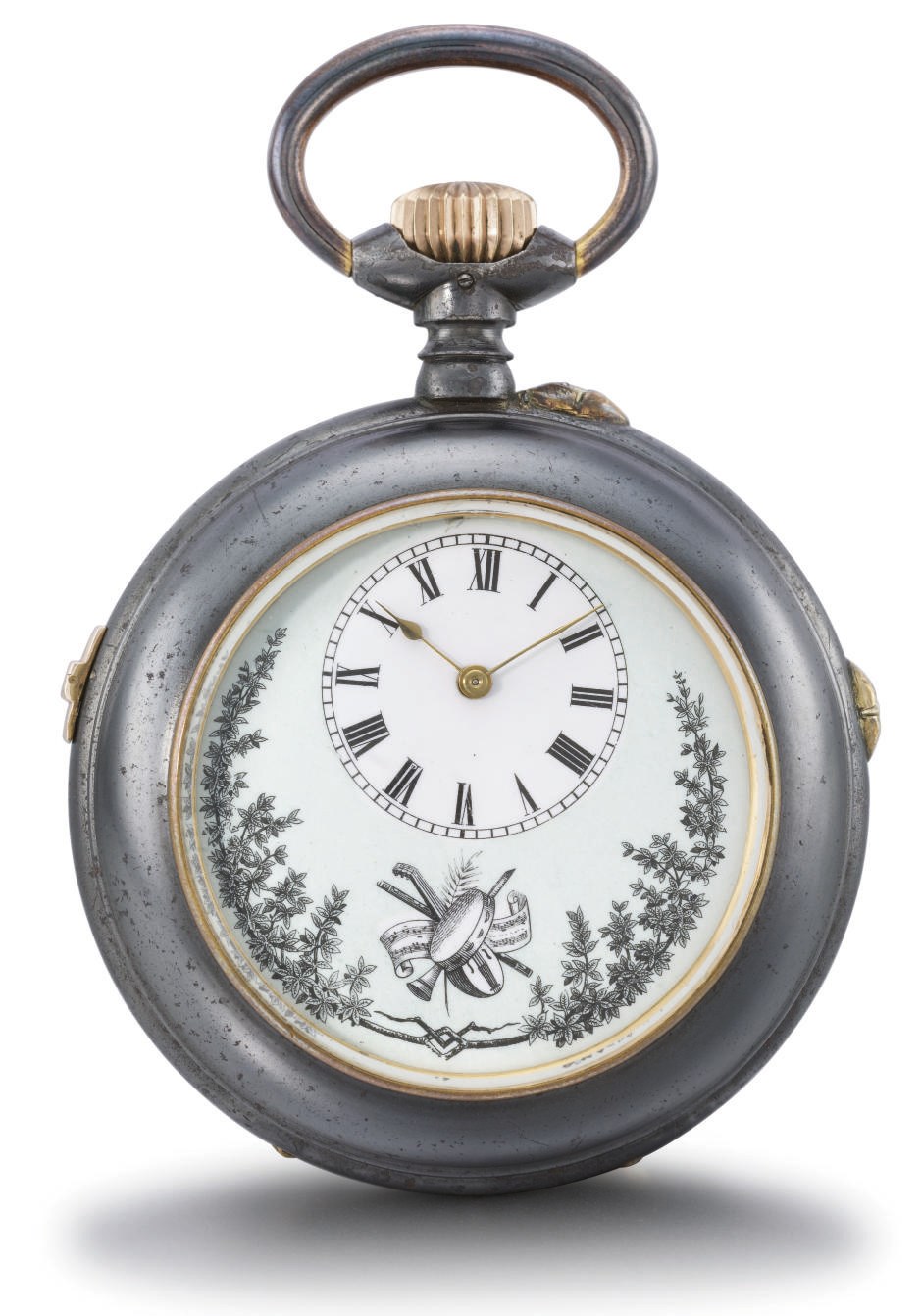 Swiss. An unusual blackened steel and pink gilt openface keyless musical watch
