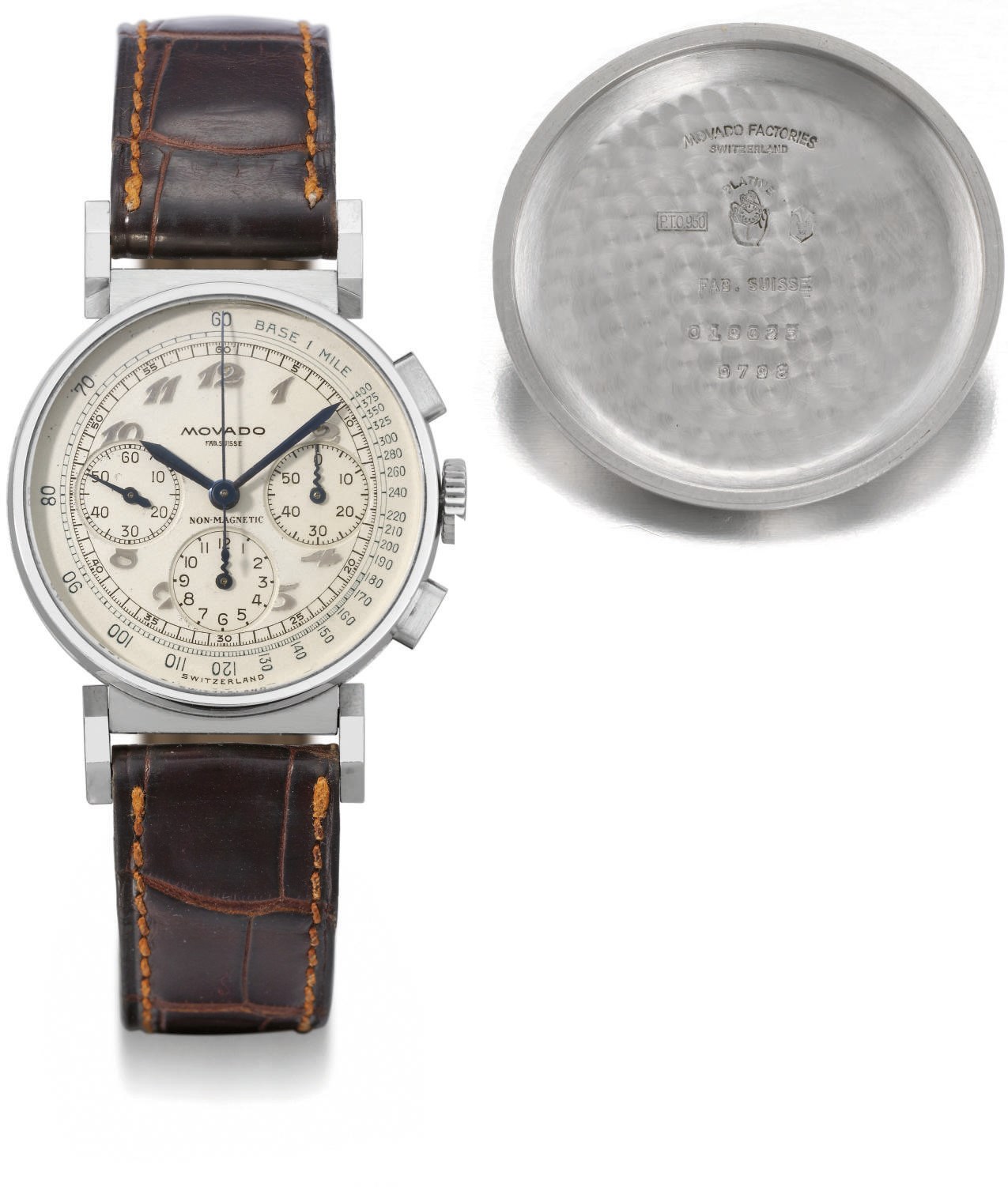 Movado. An extremely fine and rare platinum chronograph wristwatch with Breguet numerals and unusual flexible lugs