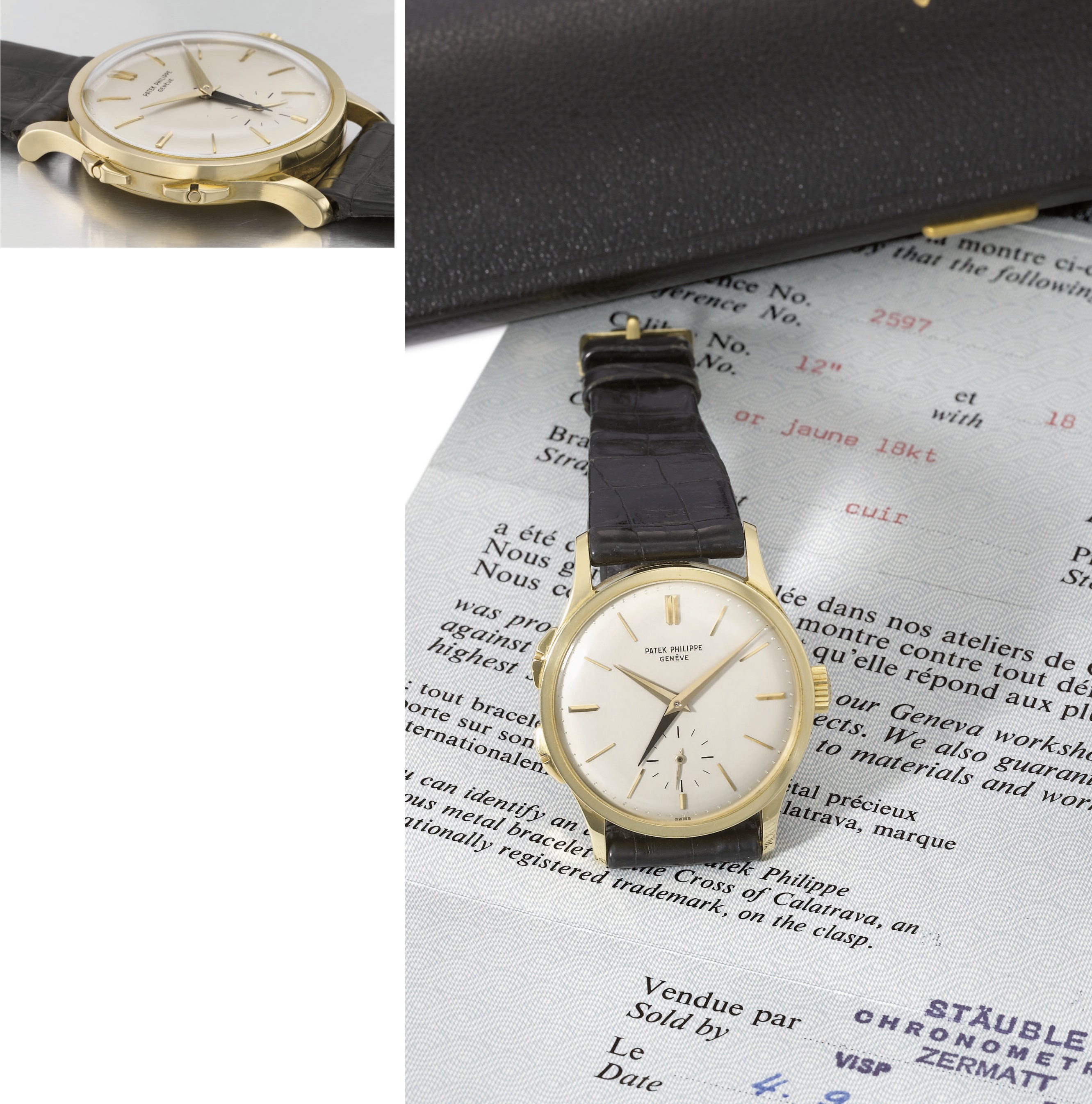 Patek Philippe. A very fine and rare large 18K gold dual time zone wristwatch with additional independently adjustable jumping hour hand, original certificate and box