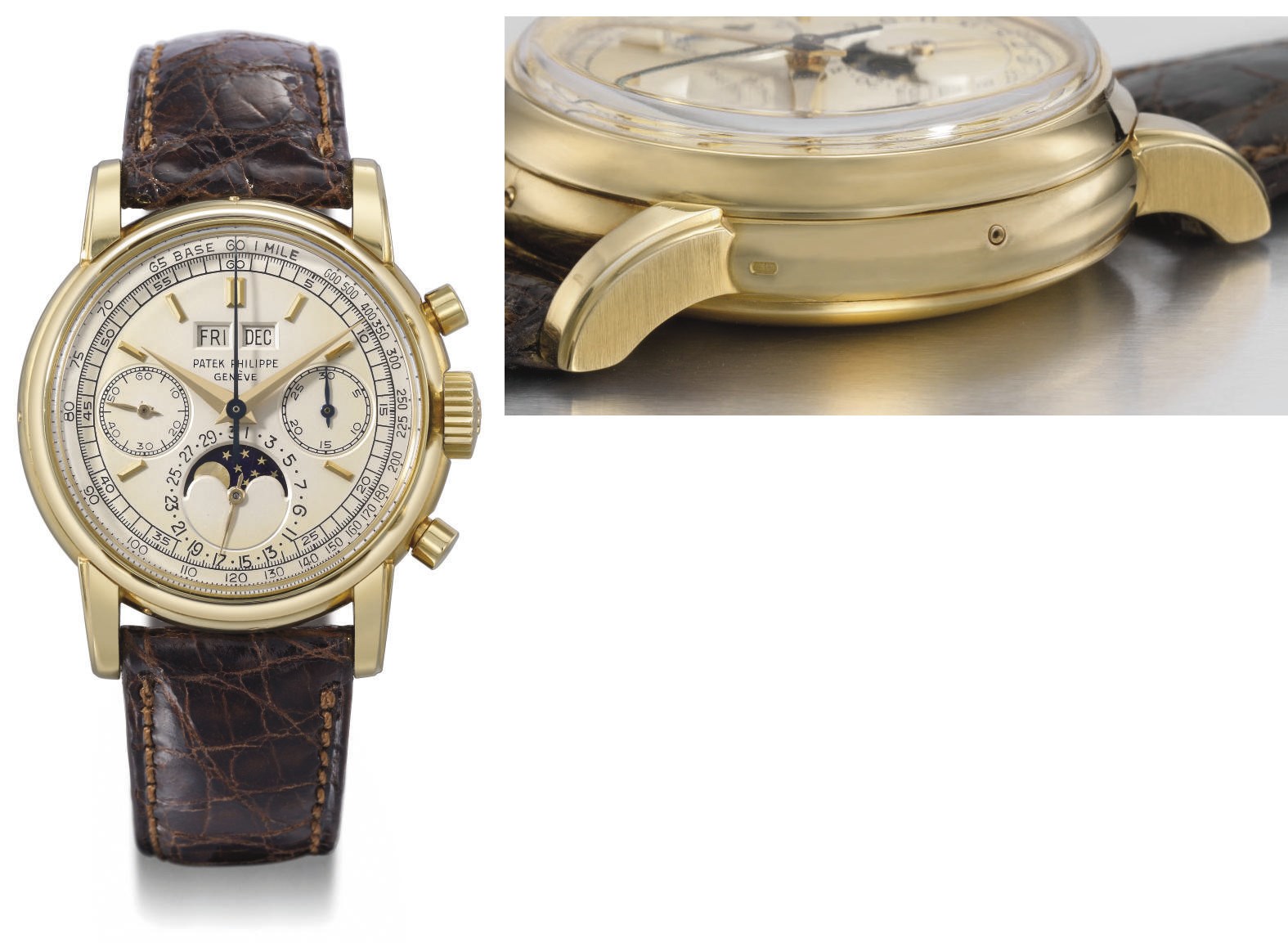 Patek Philippe. An extremely fine and rare 18K gold perpetual calendar chronograph wristwatch with phases of the moon