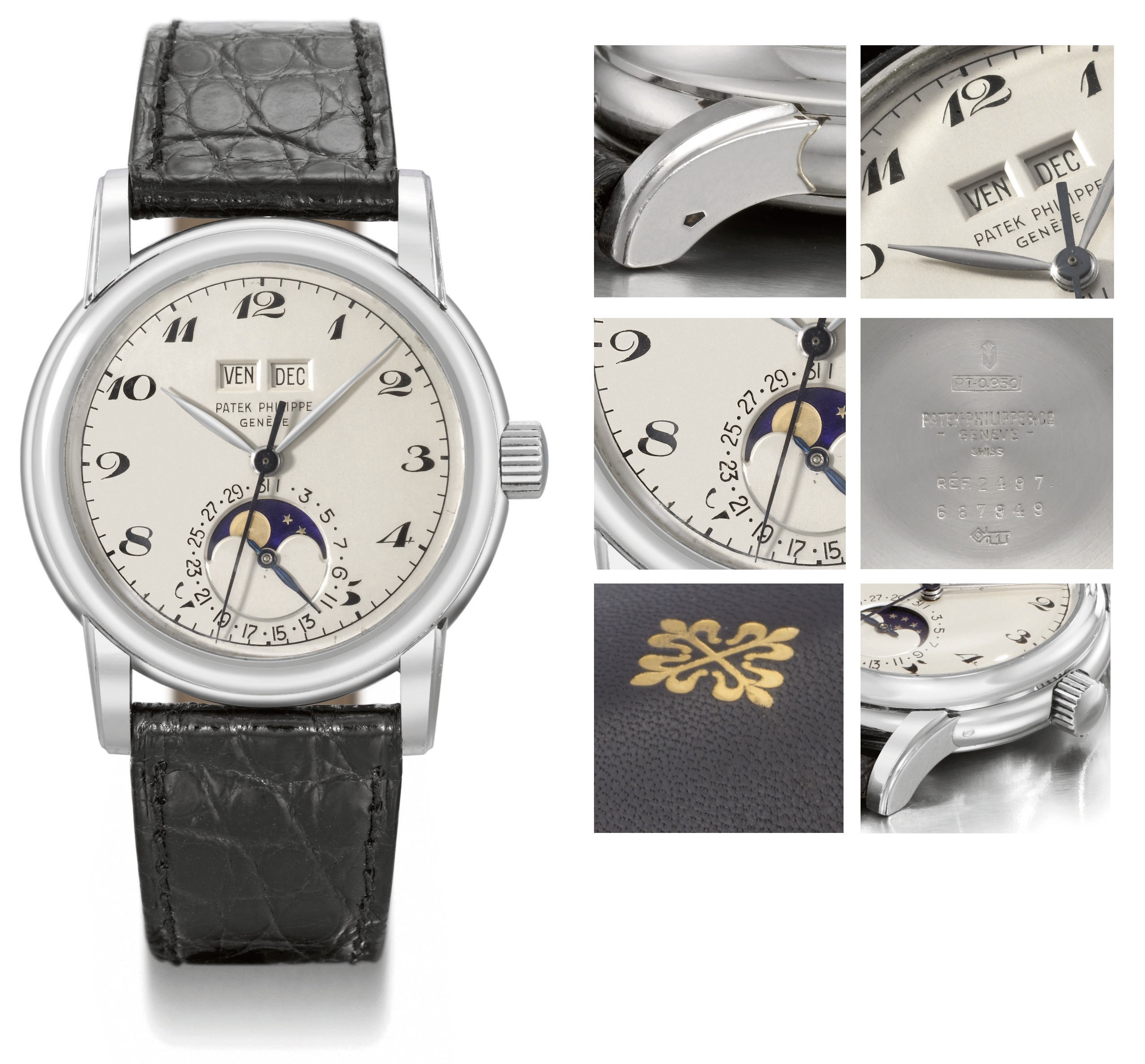 Patek Philippe. A superb and unique platinum perpetual calendar wristwatch with sweep centre seconds, phases of the moon and black hard enamel Breguet numerals