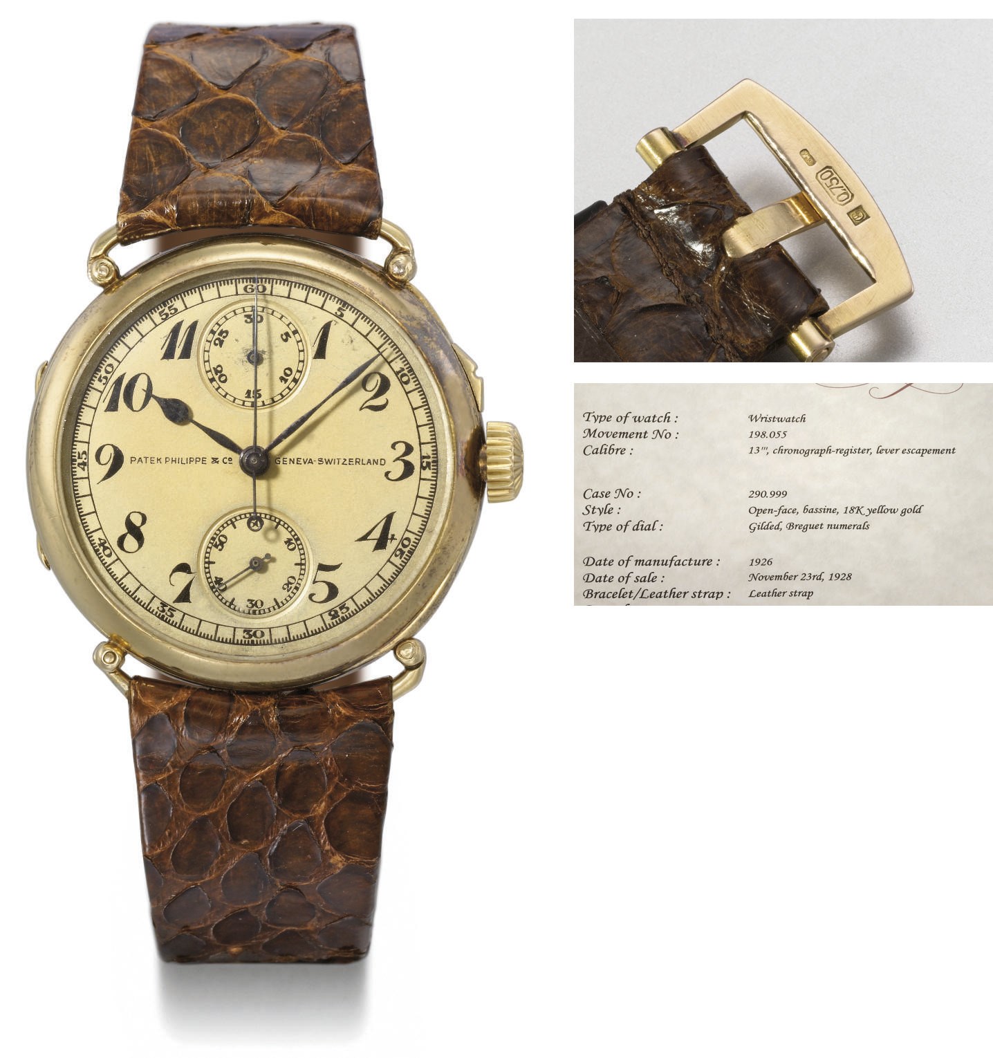 Patek Philippe. An extremely fine and rare 18K gold hinged single button chronograph wristwatch with gilt dial, Breguet numerals and vertically positioned subsidiary dials
